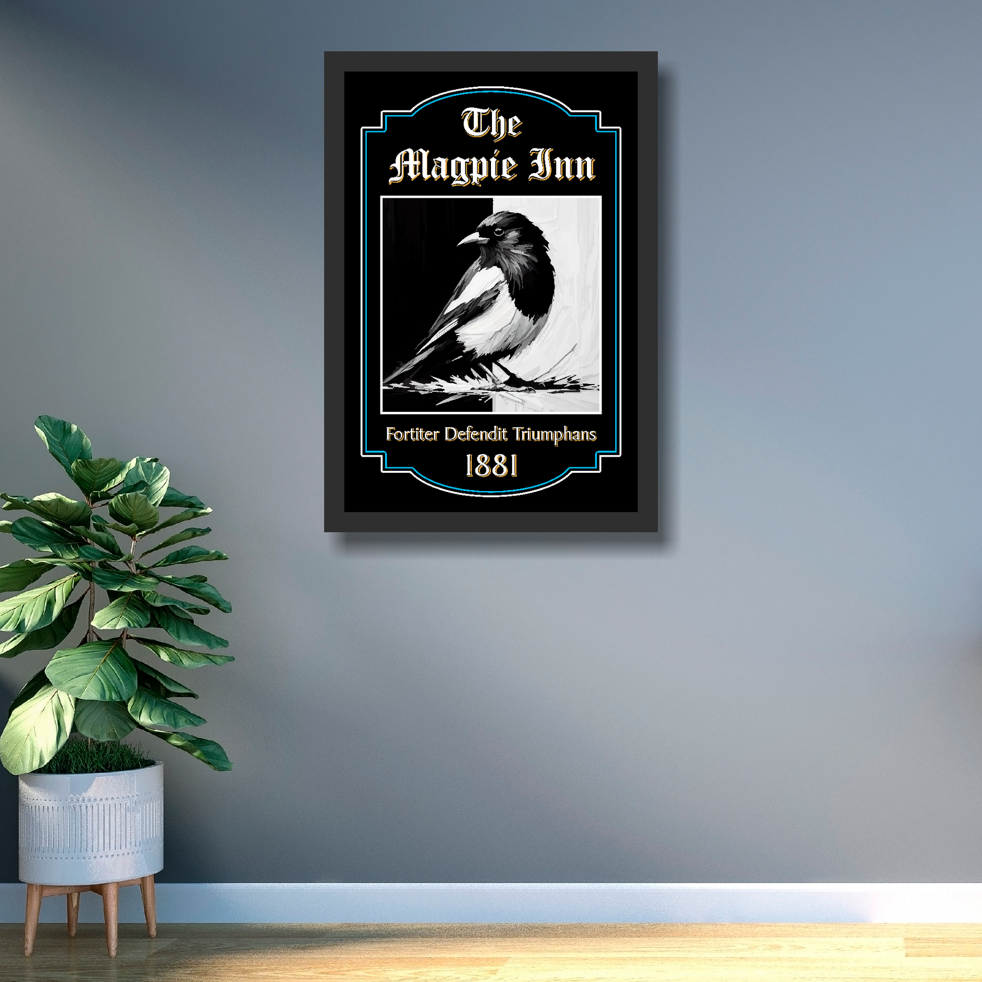 Newcastle United inspired pub sign for 'The Magpie Inn' with a magpie illustration in a black frame on a grey wall