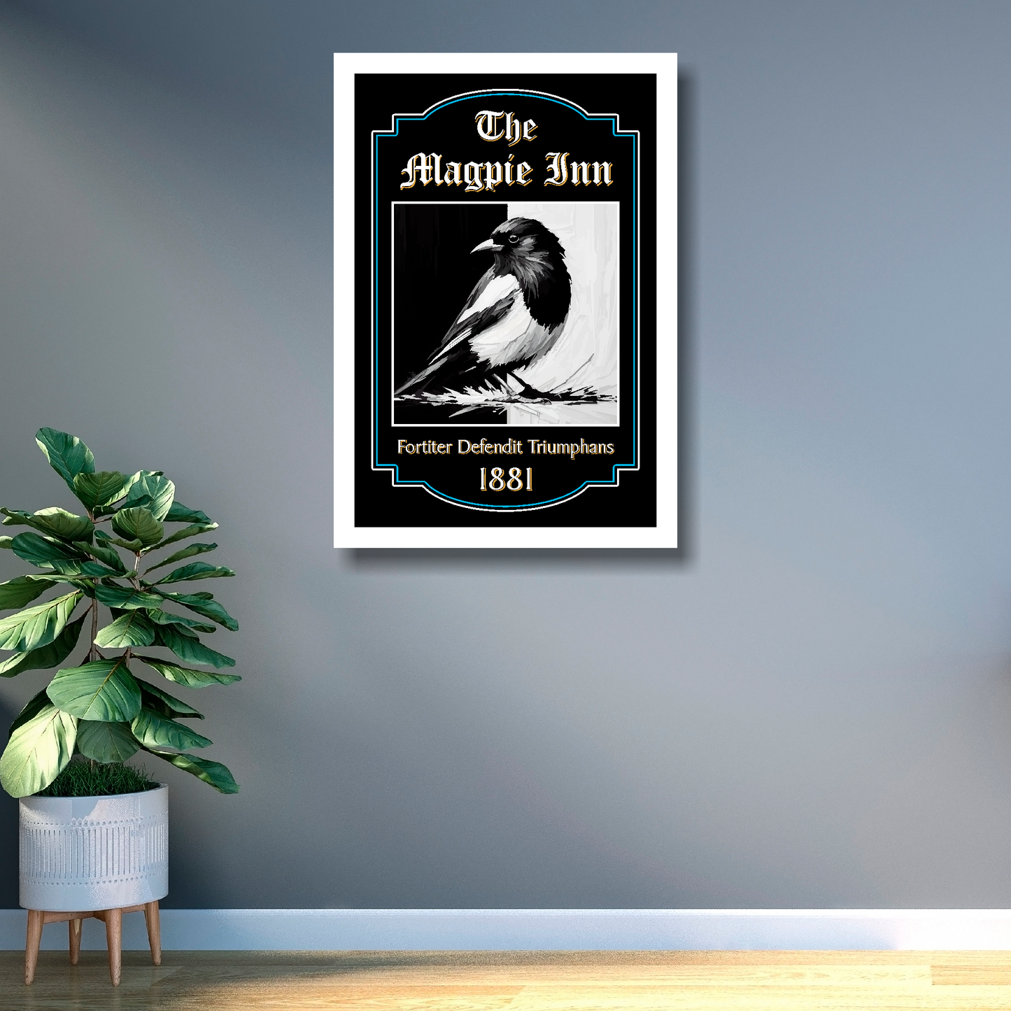 Newcastle United inspired pub sign for 'The Magpie Inn' with a magpie illustration in a white frame on a grey wall