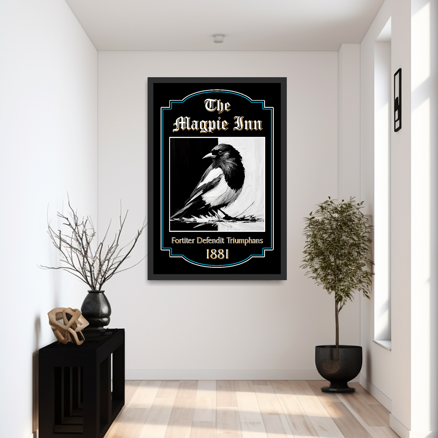 Newcastle United inspired pub sign for 'The Magpie Inn' with a magpie illustration in a black frame in a modern hallway