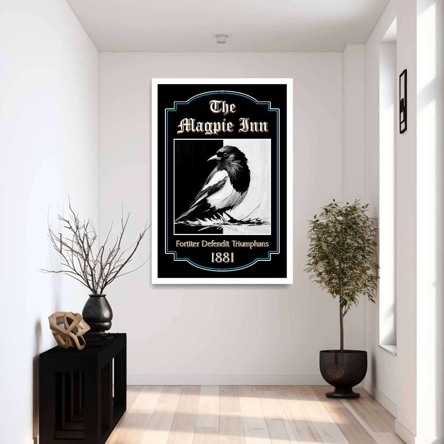 Large Newcastle United inspired pub sign for 'The Magpie Inn' with a magpie illustration in a white frame in a modern hallway