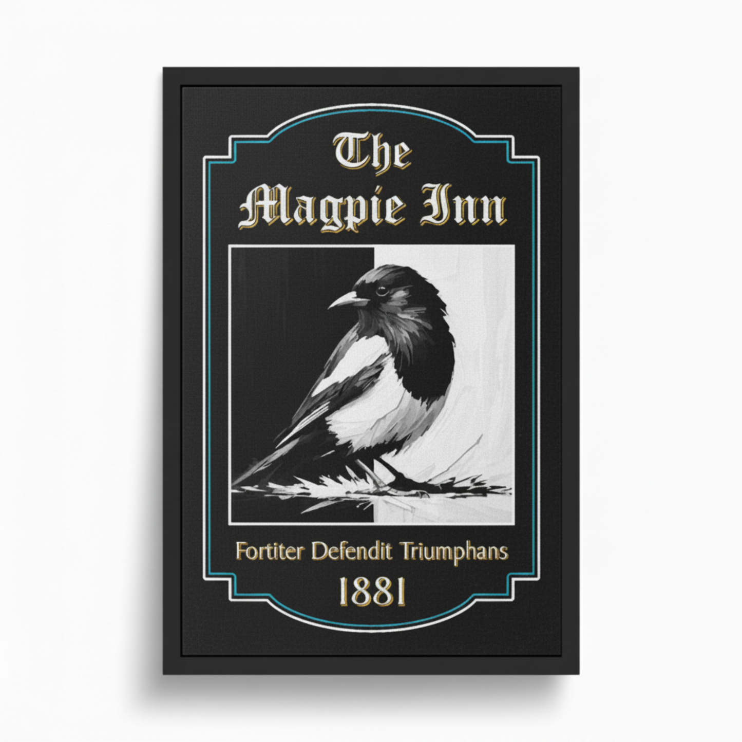Newcastle United inspired pub sign for 'The Magpie Inn' with a black and white magpie illustration in a black frame