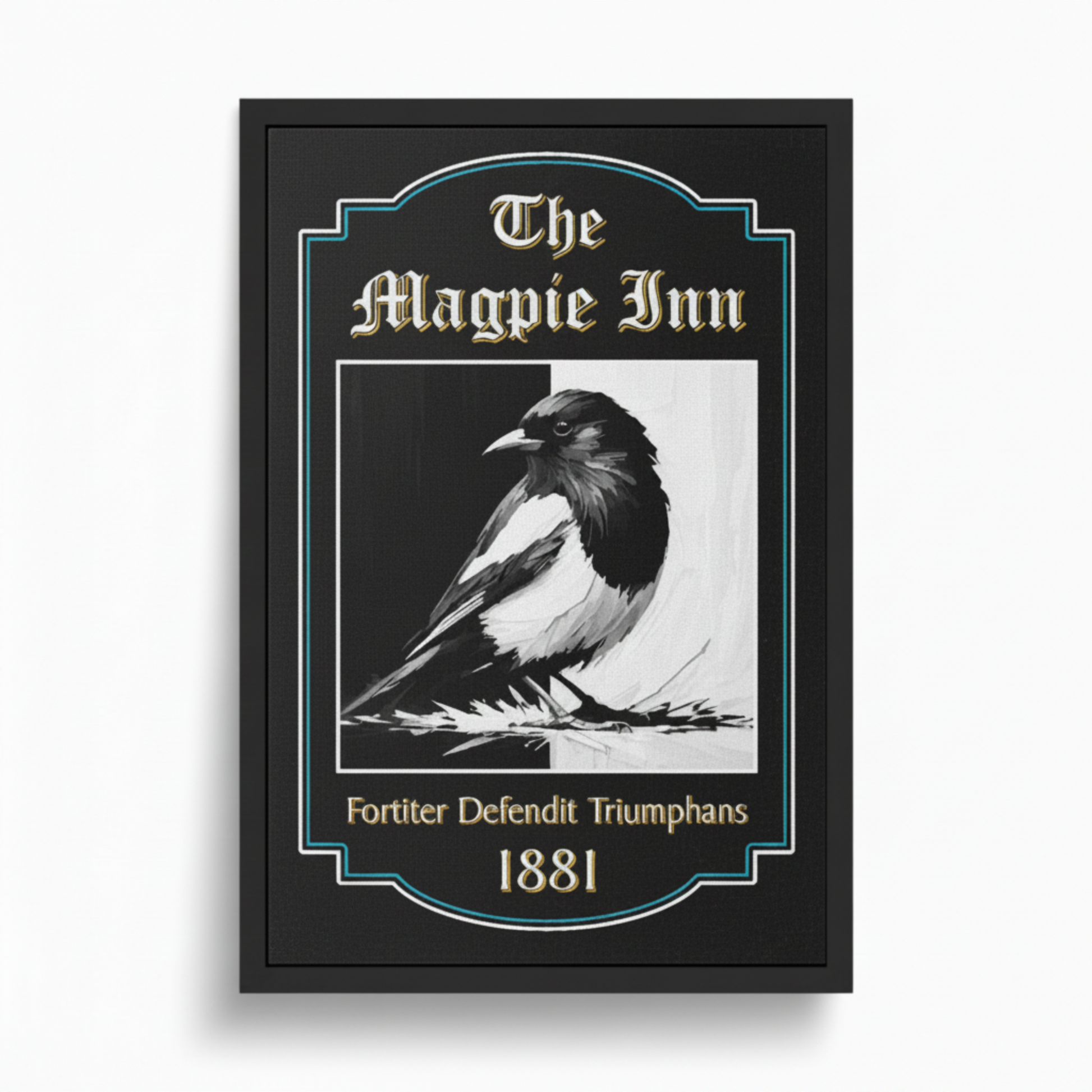 Newcastle United inspired pub sign for 'The Magpie Inn' with a black and white magpie illustration in a black frame