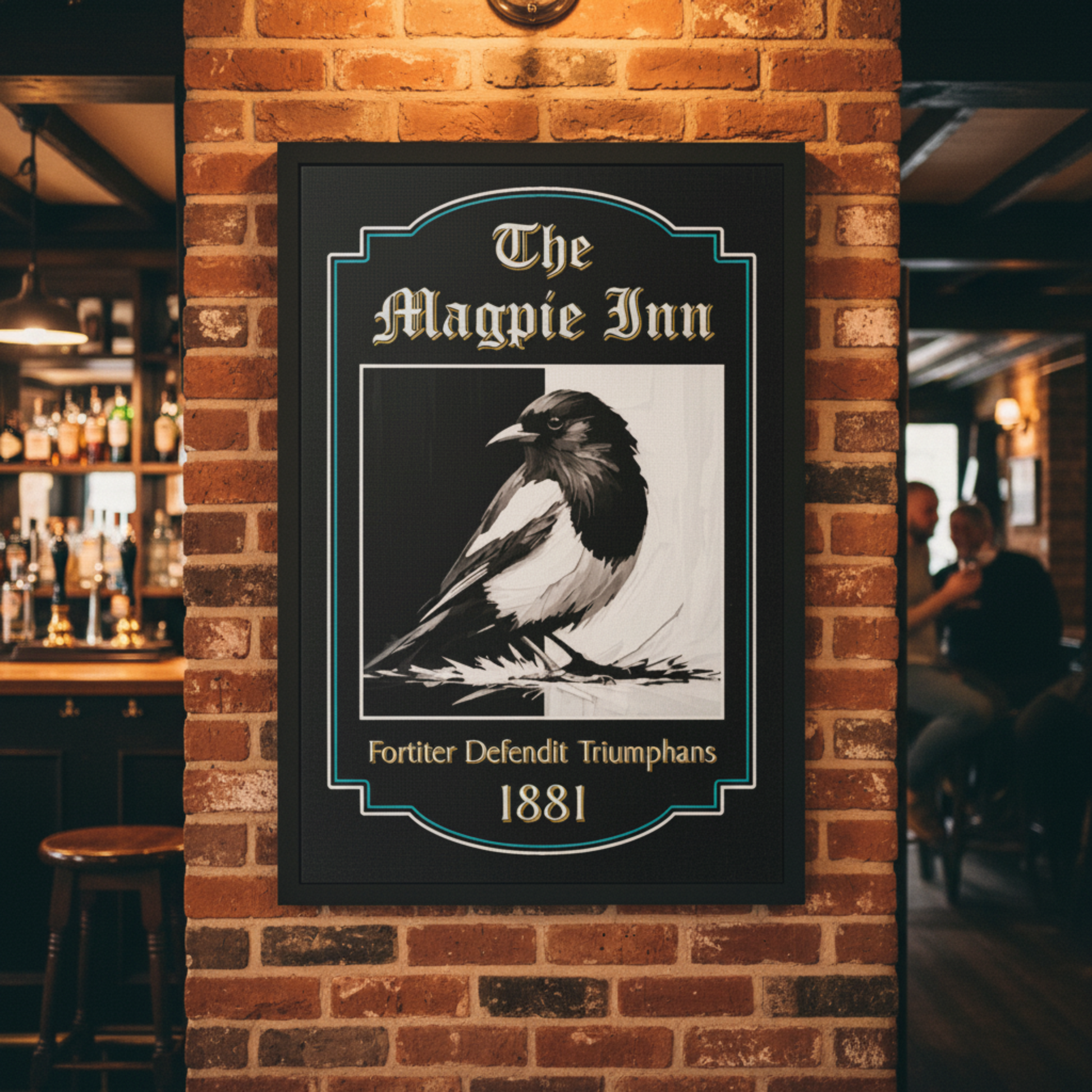 Newcastle United pub sign for 'The Magpie Inn' with a black and white magpie illustration on a brick wall.