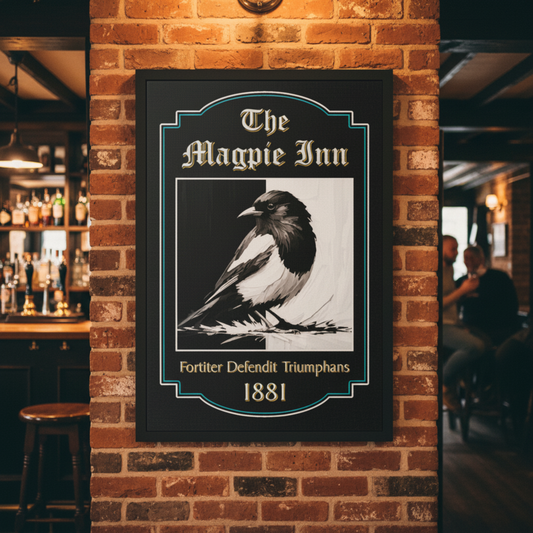 Newcastle United pub sign for 'The Magpie Inn' with a black and white magpie illustration on a brick wall.