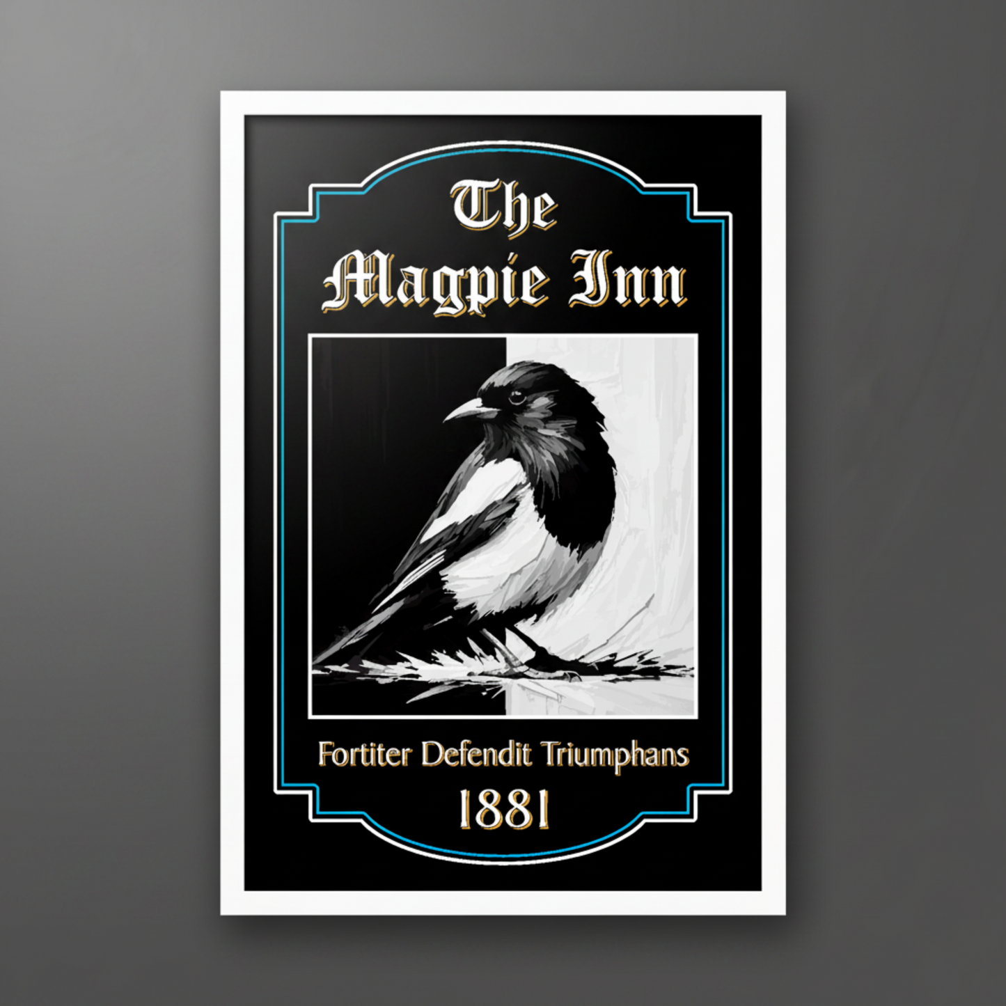 Newcastle United inspired pub sign for 'The Magpie Inn' with a black and white magpie illustration in a white frame