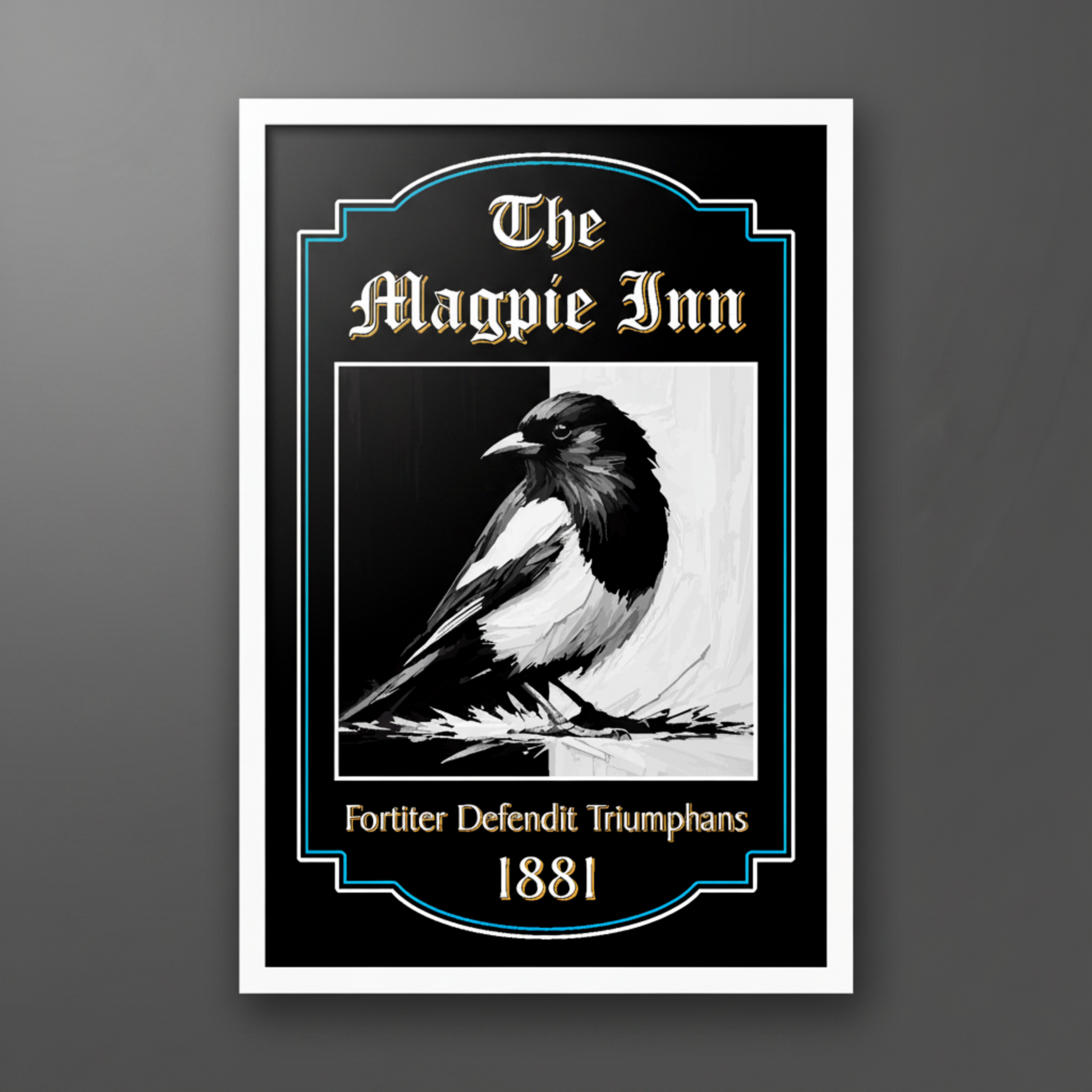 Newcastle United inspired pub sign for 'The Magpie Inn' with a black and white magpie illustration in a white frame