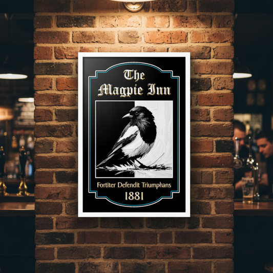 Newcastle United inspired pub sign for 'The Magpie Inn' with a black and white magpie illustration on a brick wall.