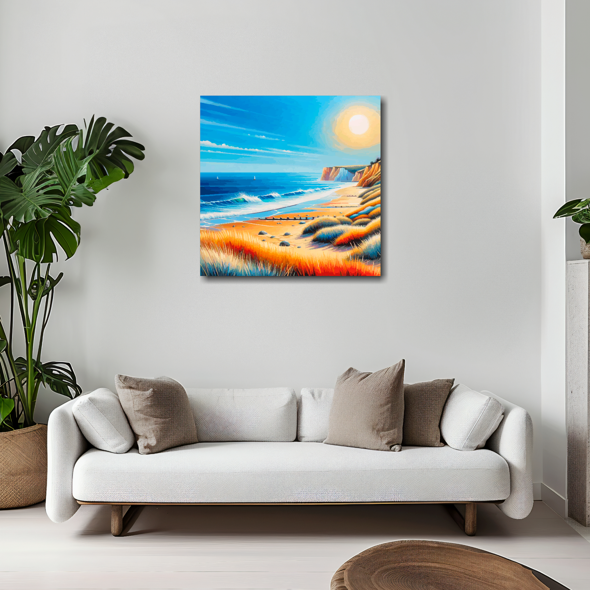 Norfolk beach canvas 20x20 inches above white sofa - vibrant UK coastal wall art