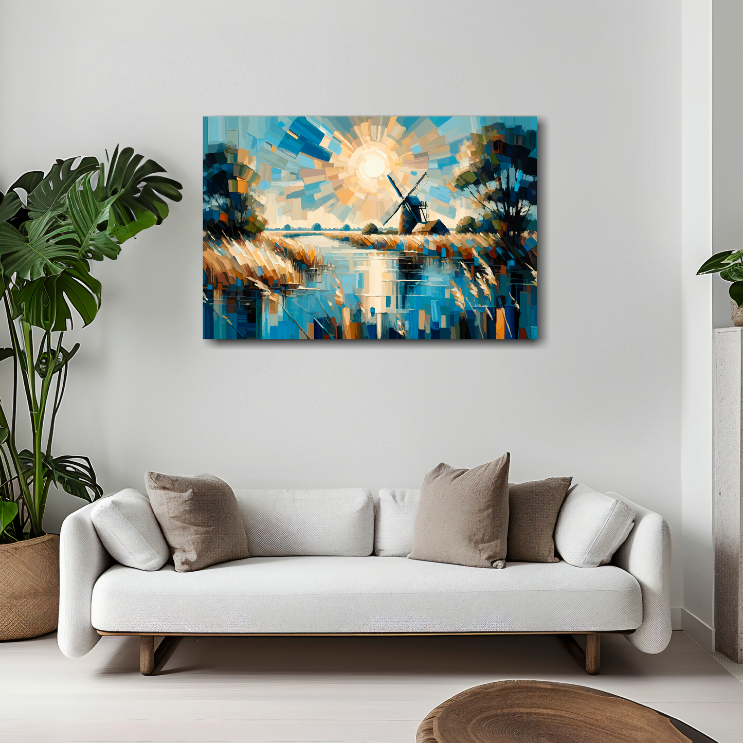 Norfolk Broads canvas 30x20 inches above white sofa - vibrant UK waterway wall art