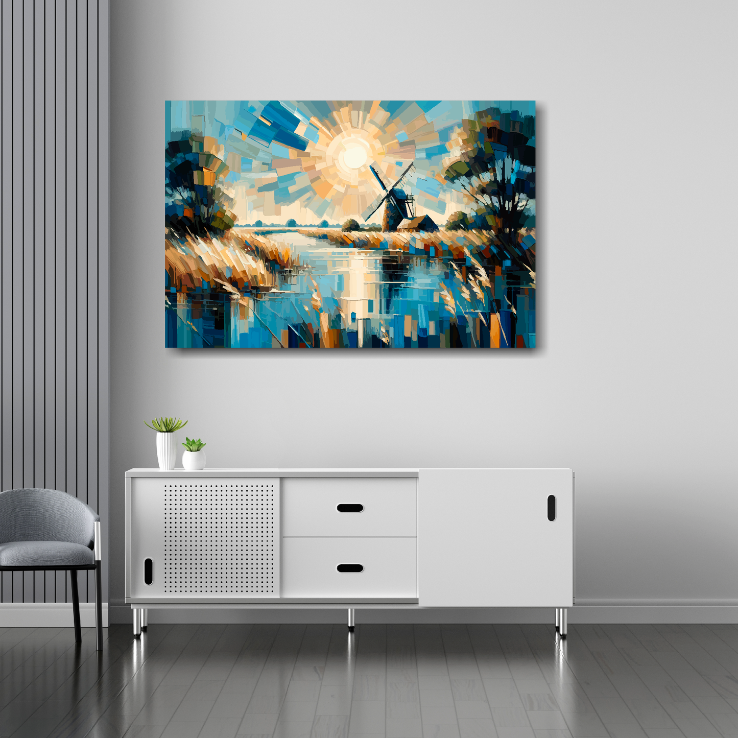 Norfolk Broads canvas 36x24 inches above sideboard - large colourful UK waterway art made in Britain