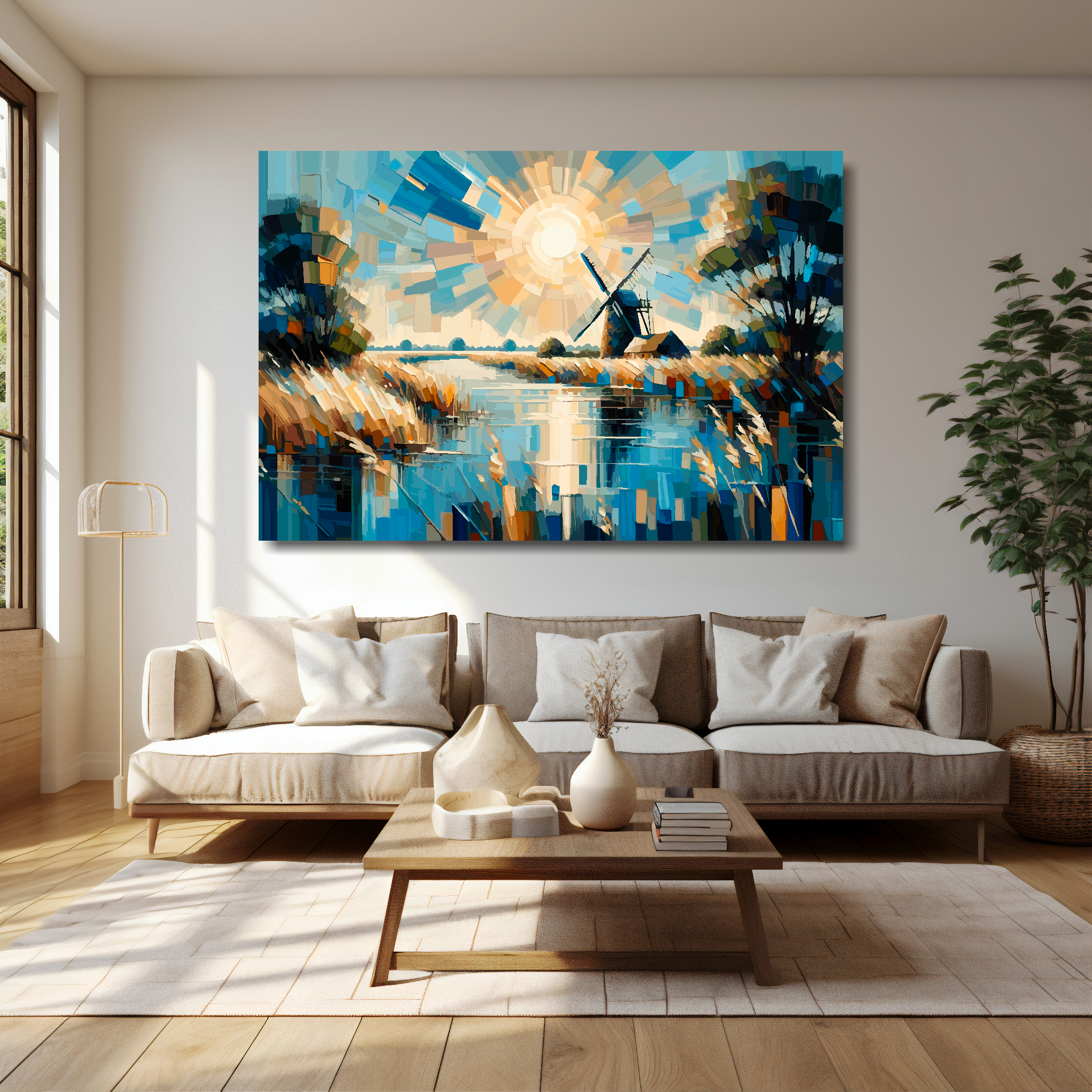 Norfolk Broads large canvas above cream sofa - XL East Anglia abstract wall art