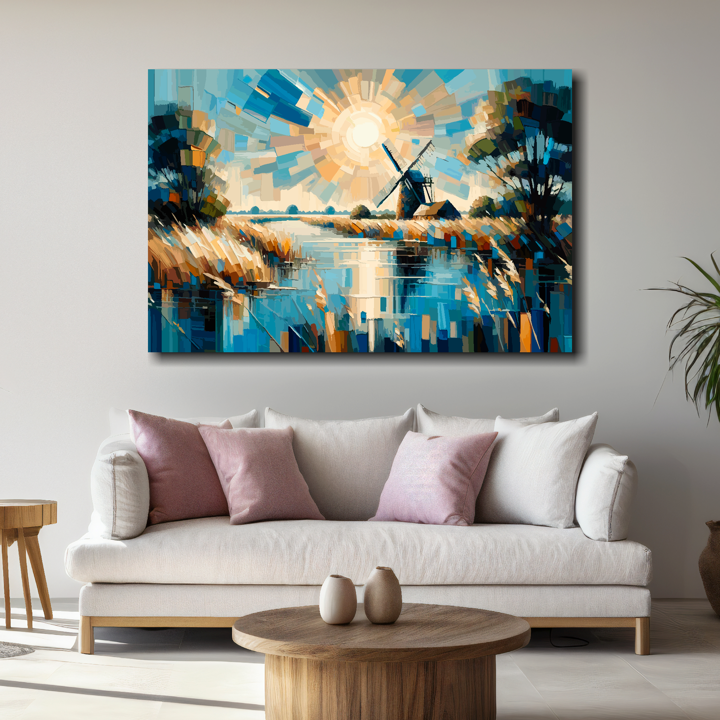 Large Norfolk Broads canvas above white sofa - vibrant abstract UK waterway wall art