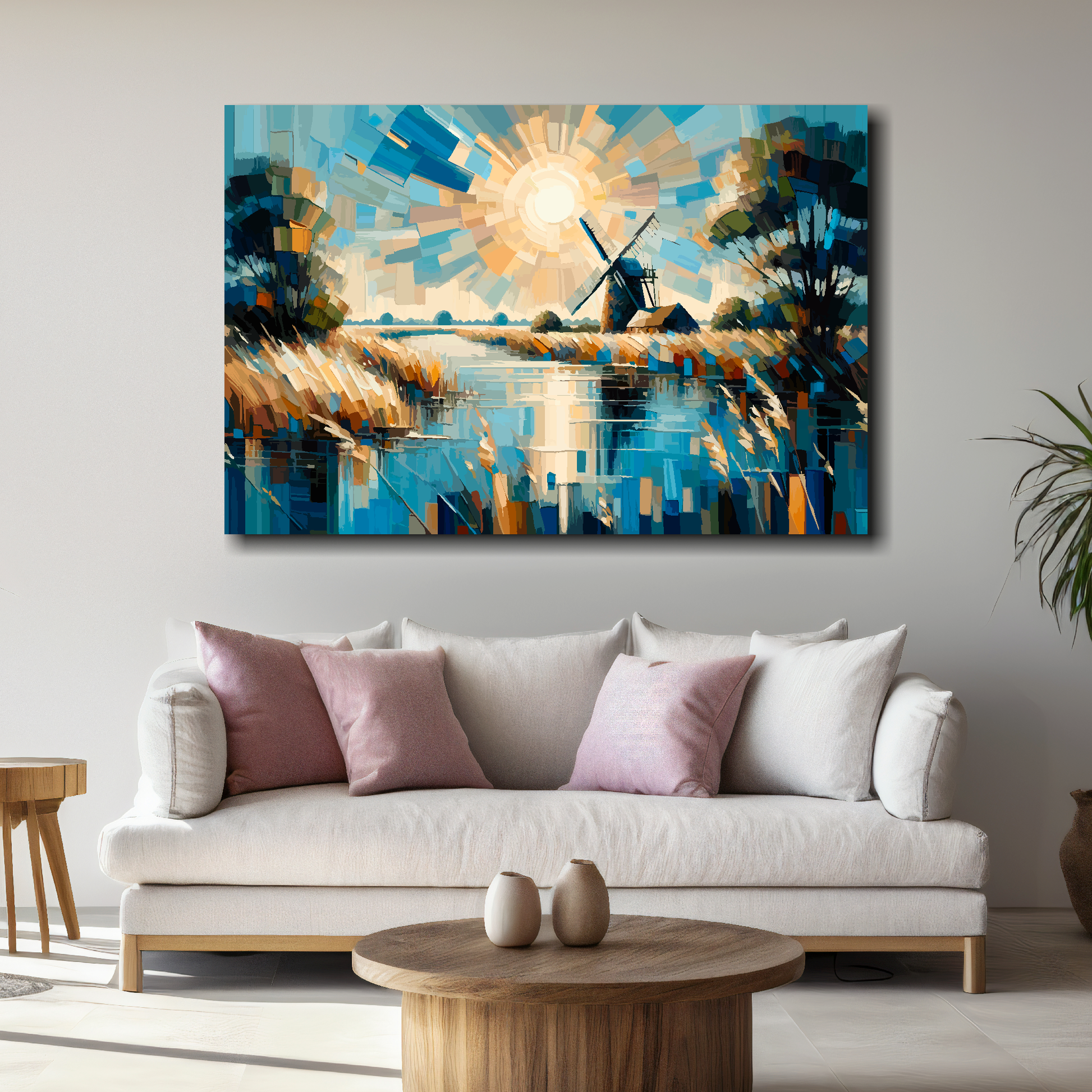 Large Norfolk Broads canvas above white sofa - vibrant abstract UK waterway wall art
