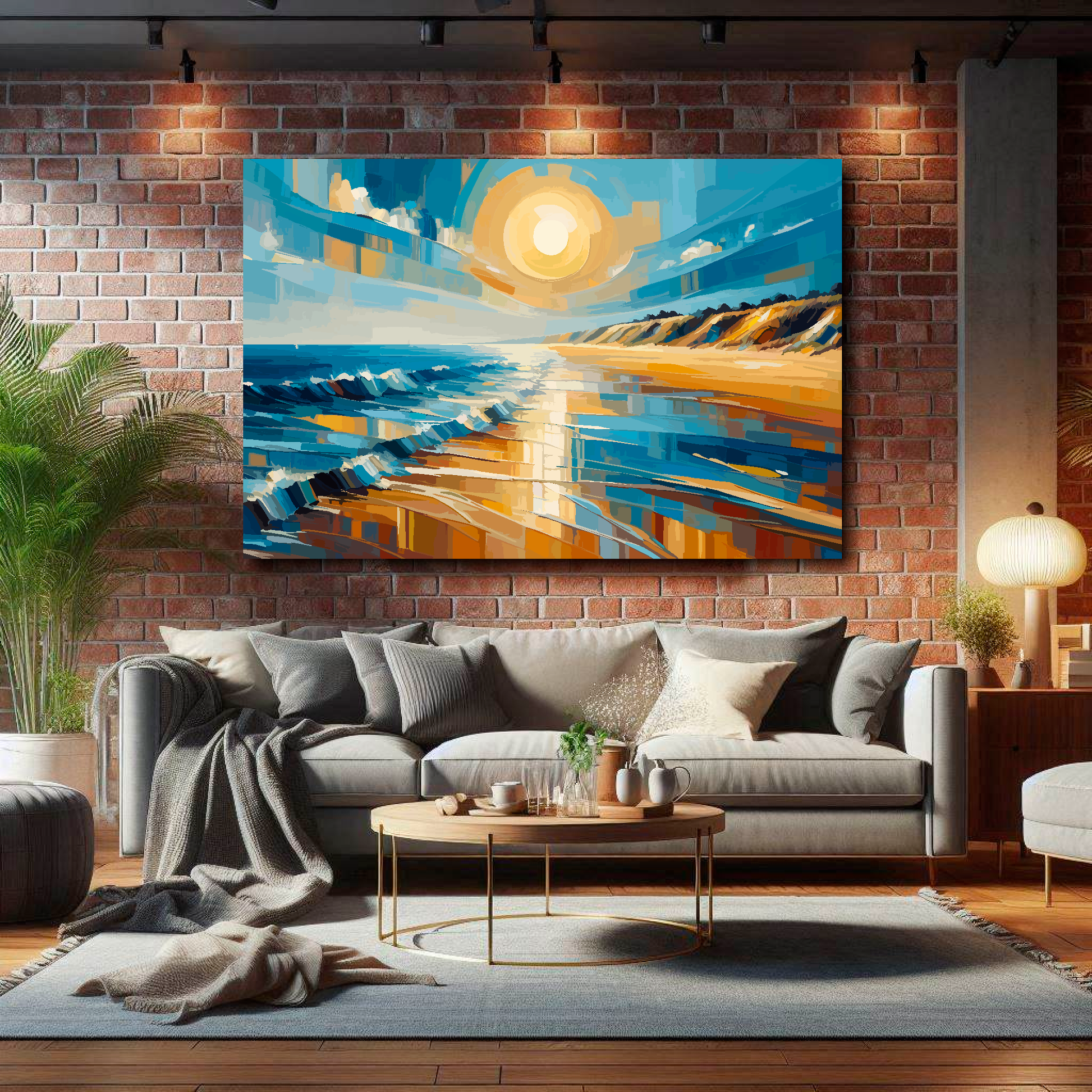 Large golden coast canvas on brick wall above grey sofa - bold coastal art UK living room