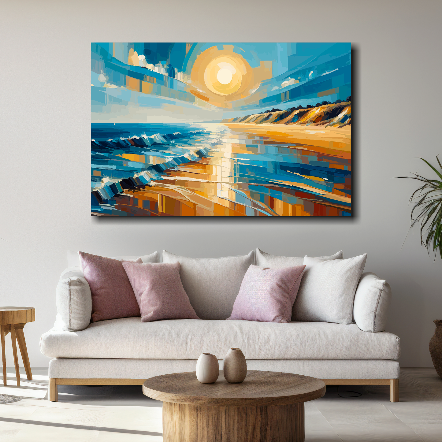 Large golden coast canvas above white sofa - vibrant abstract coastal wall art UK