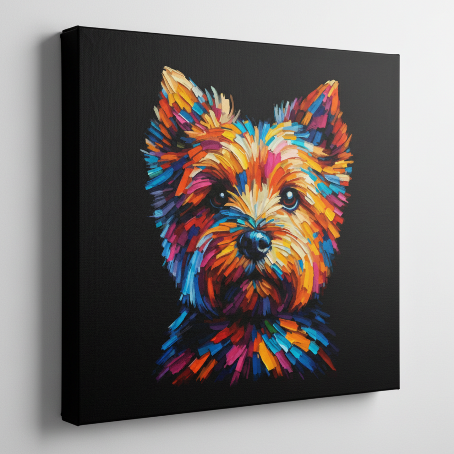 Colourful Norfolk Terrier dog portrait canvas print - UK made abstract pet wall art black background