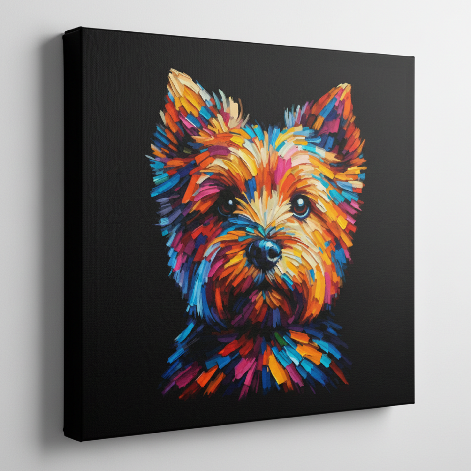 Colourful Norfolk Terrier dog portrait canvas print - UK made abstract pet wall art black background