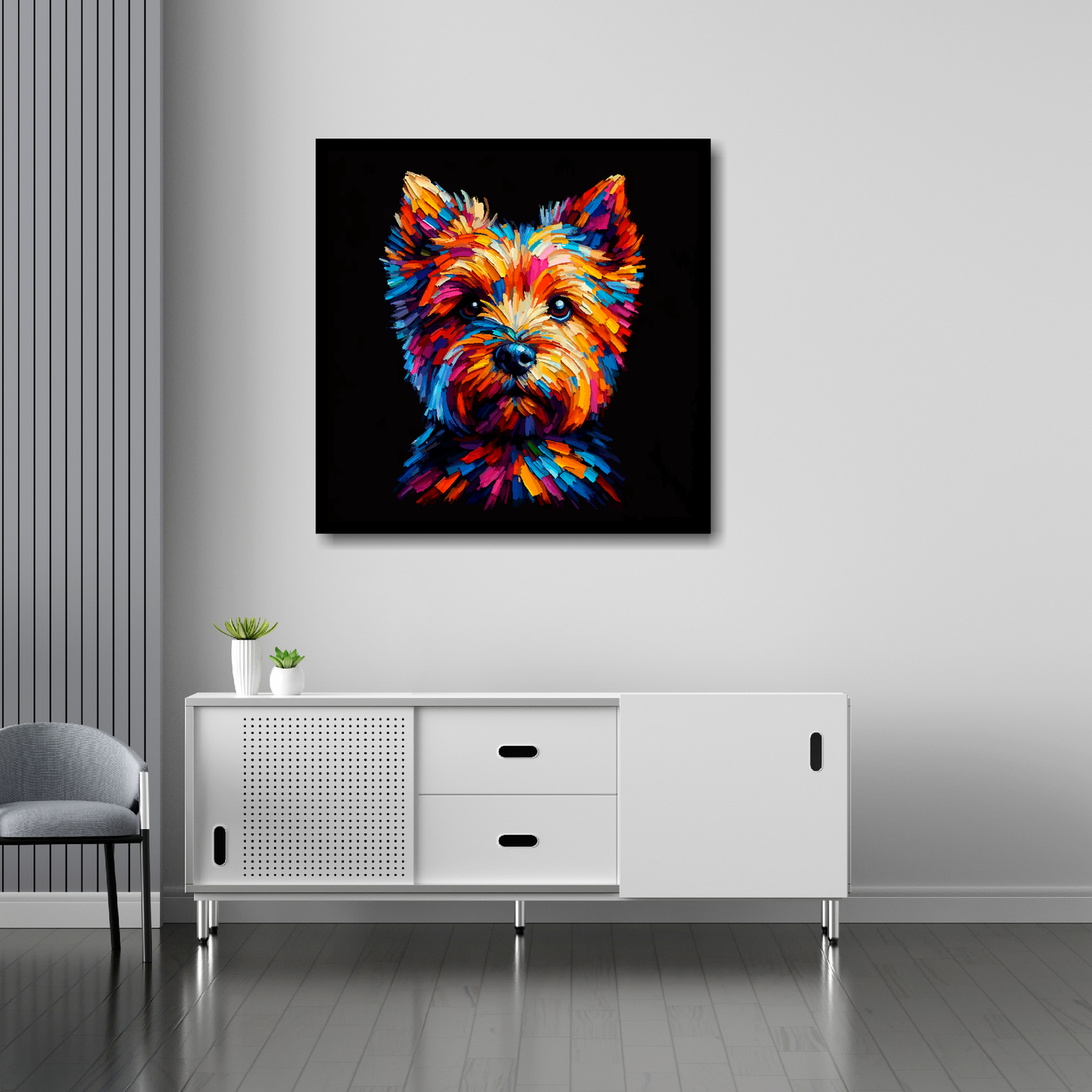 Norfolk Terrier canvas 30x30 inches above sideboard - large colourful dog portrait UK made