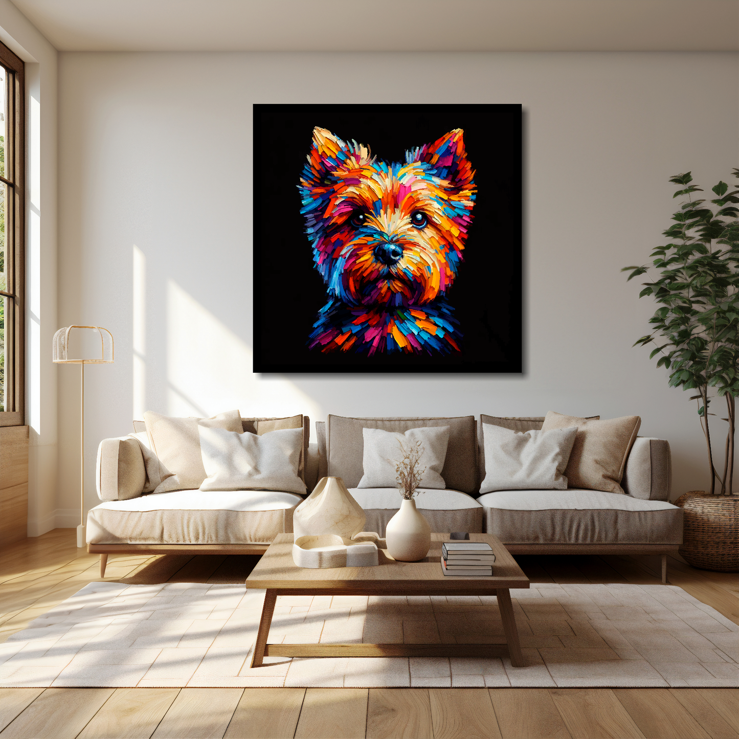 Norfolk Terrier canvas 40x40 inches above cream sofa - XL vibrant dog wall art UK