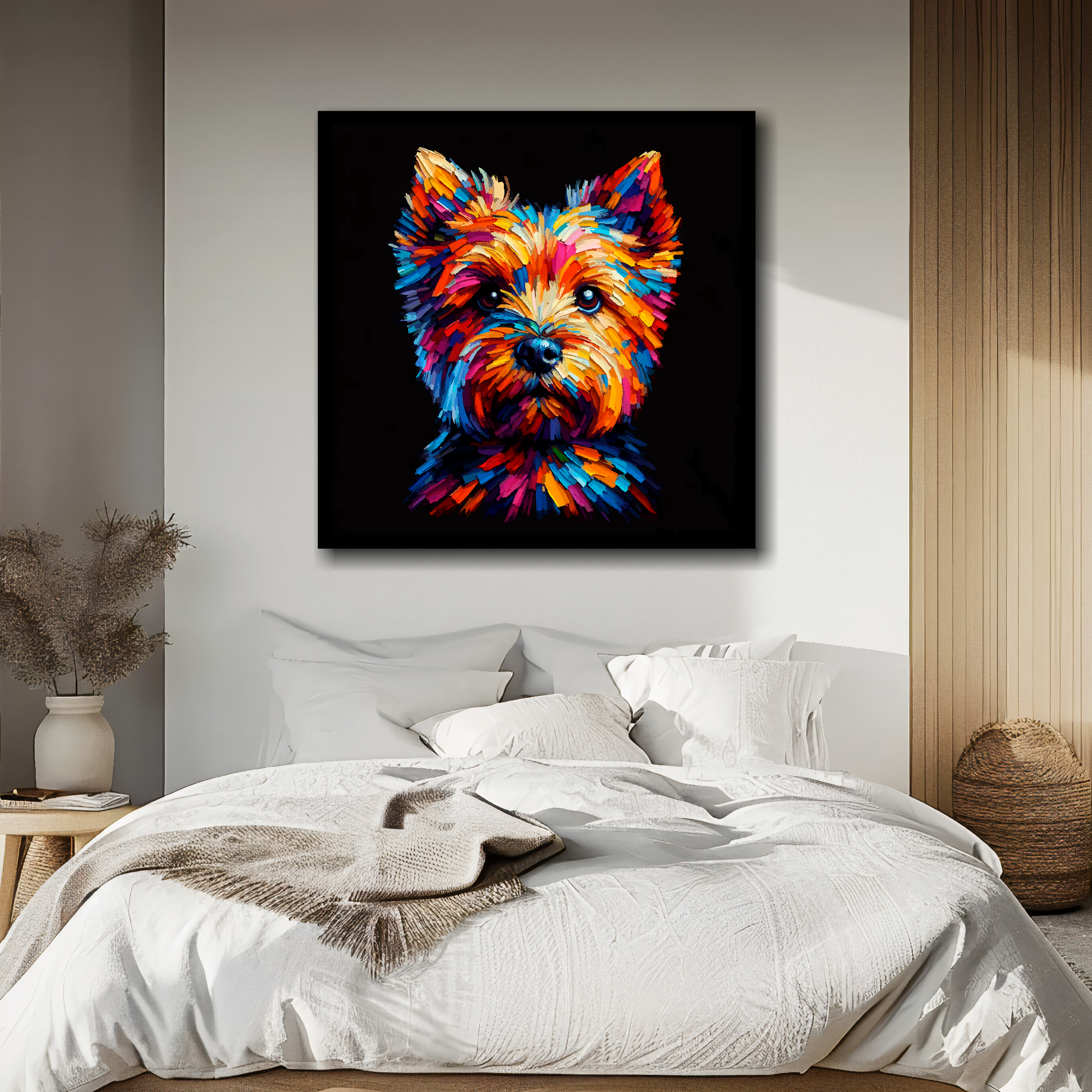 Norfolk Terrier portrait canvas above bed - colourful dog wall decor for UK bedrooms