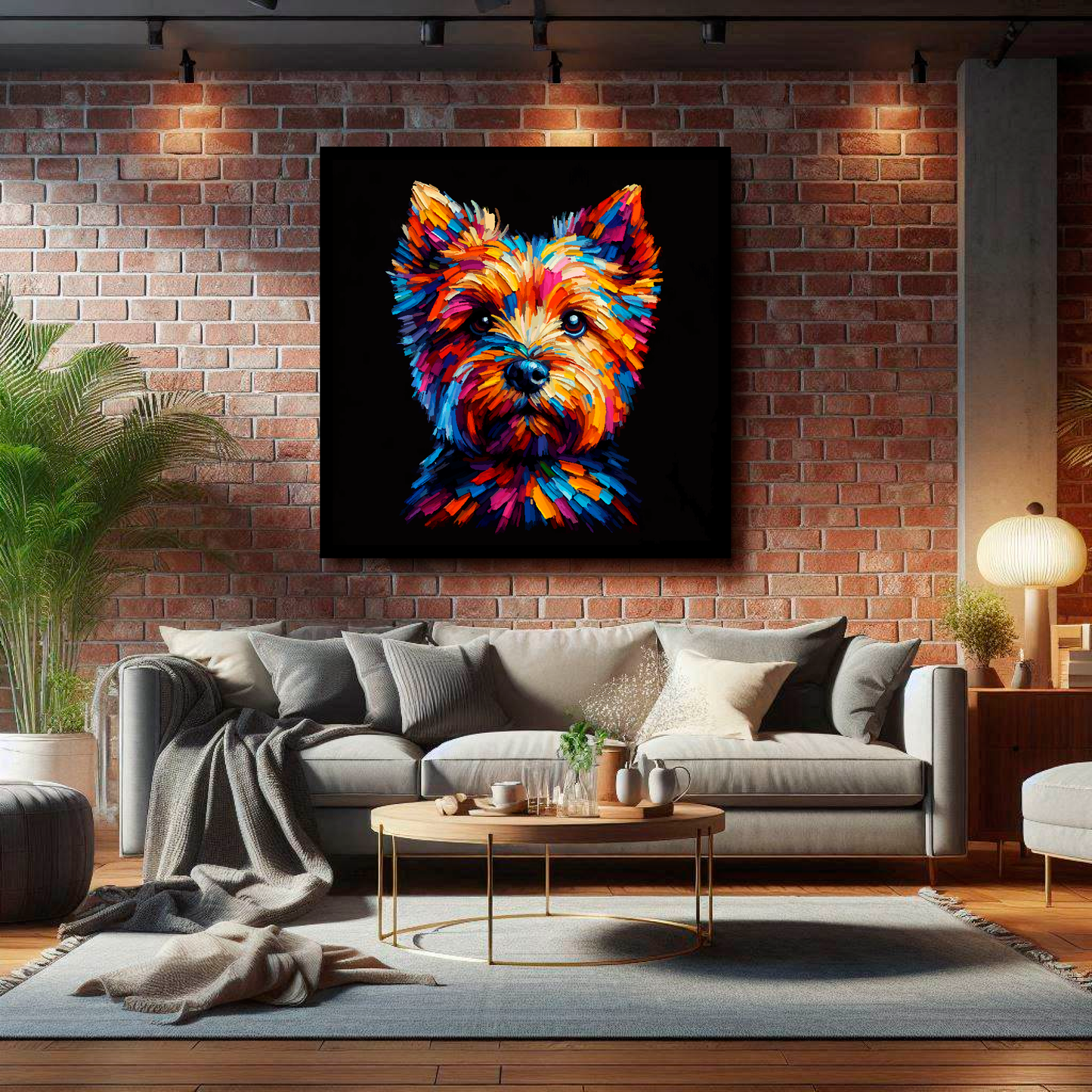 Large Norfolk Terrier canvas on brick wall above grey sofa - bold dog portrait UK living room