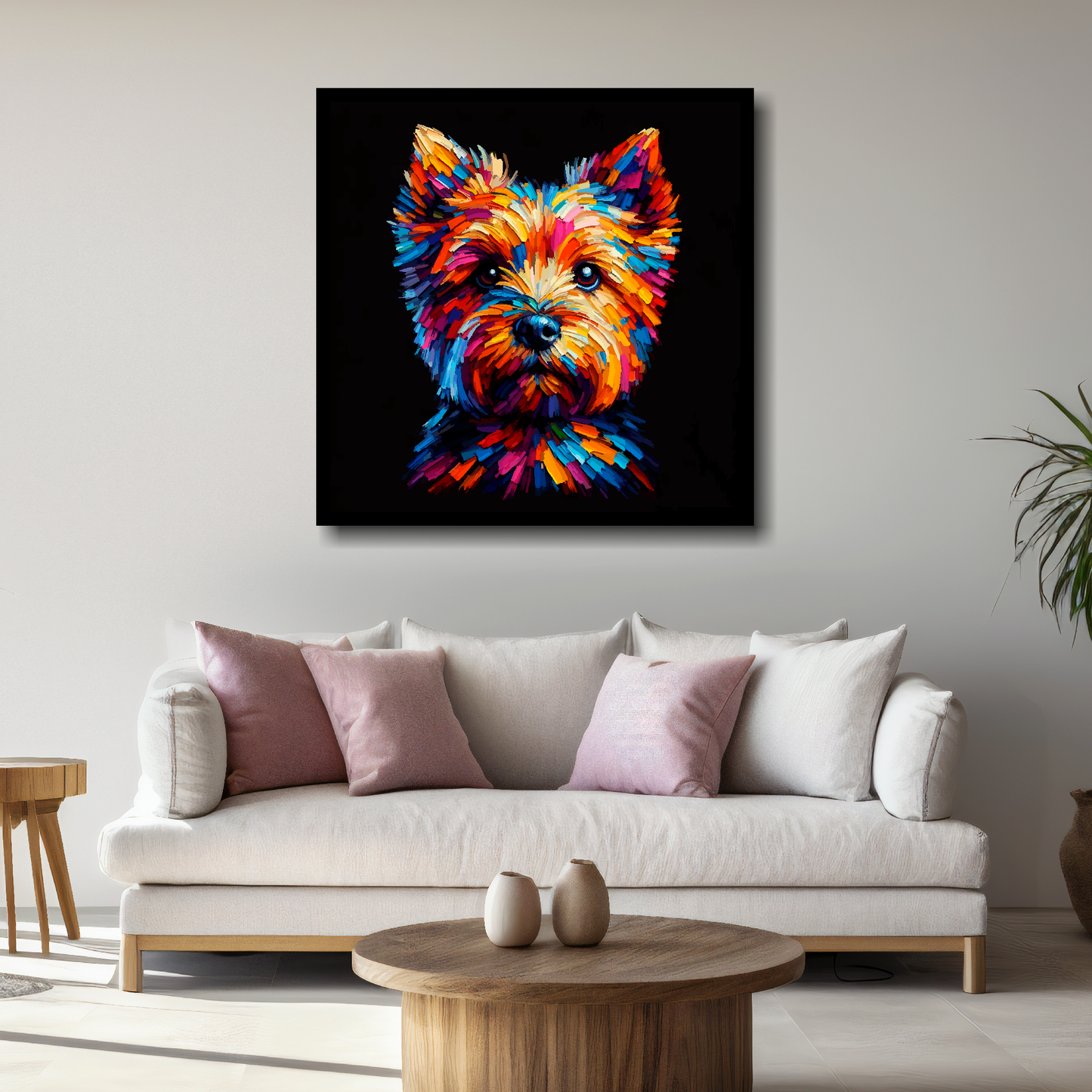 Large Norfolk Terrier canvas above white sofa - vibrant abstract dog portrait wall art UK