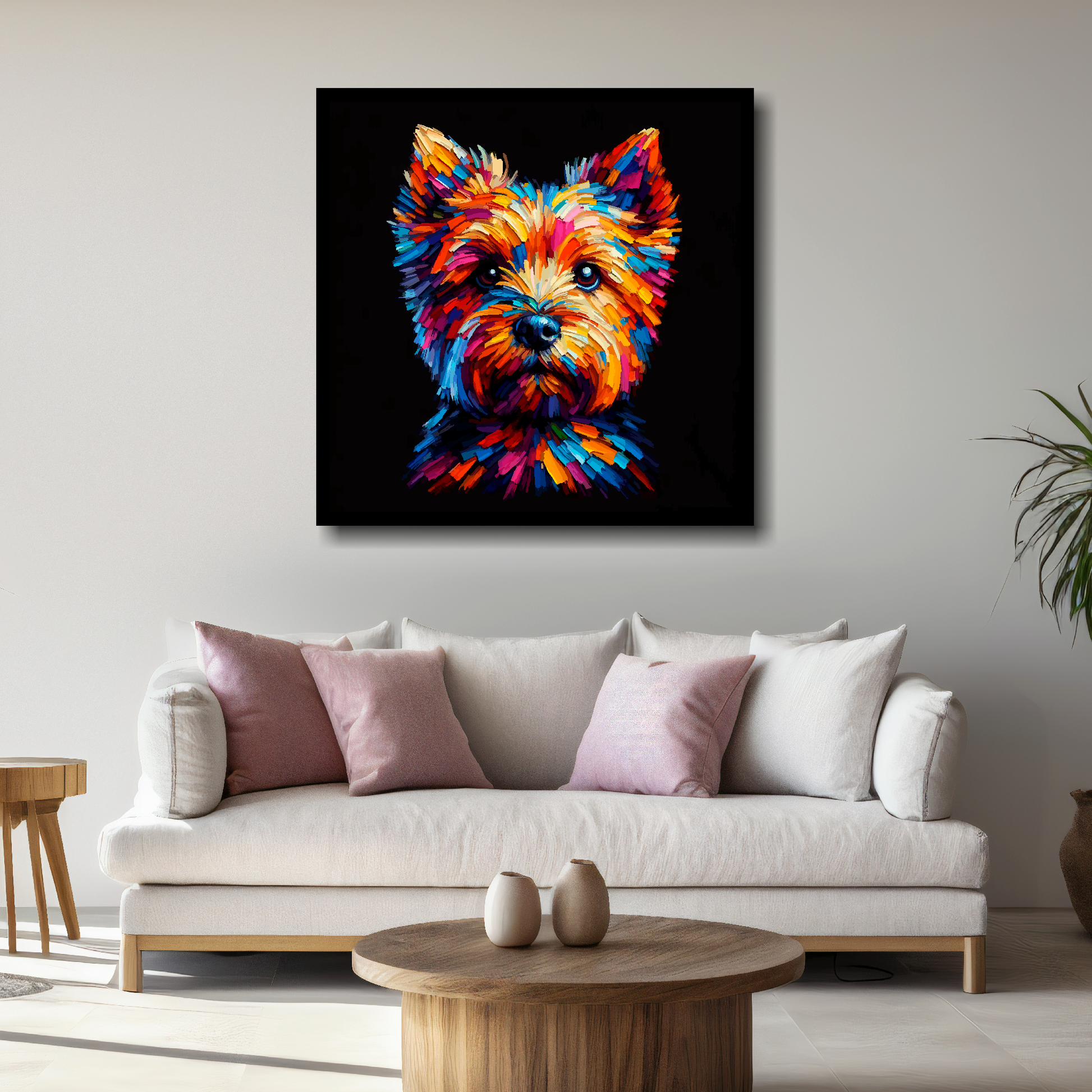 Large Norfolk Terrier canvas above white sofa - vibrant abstract dog portrait wall art UK