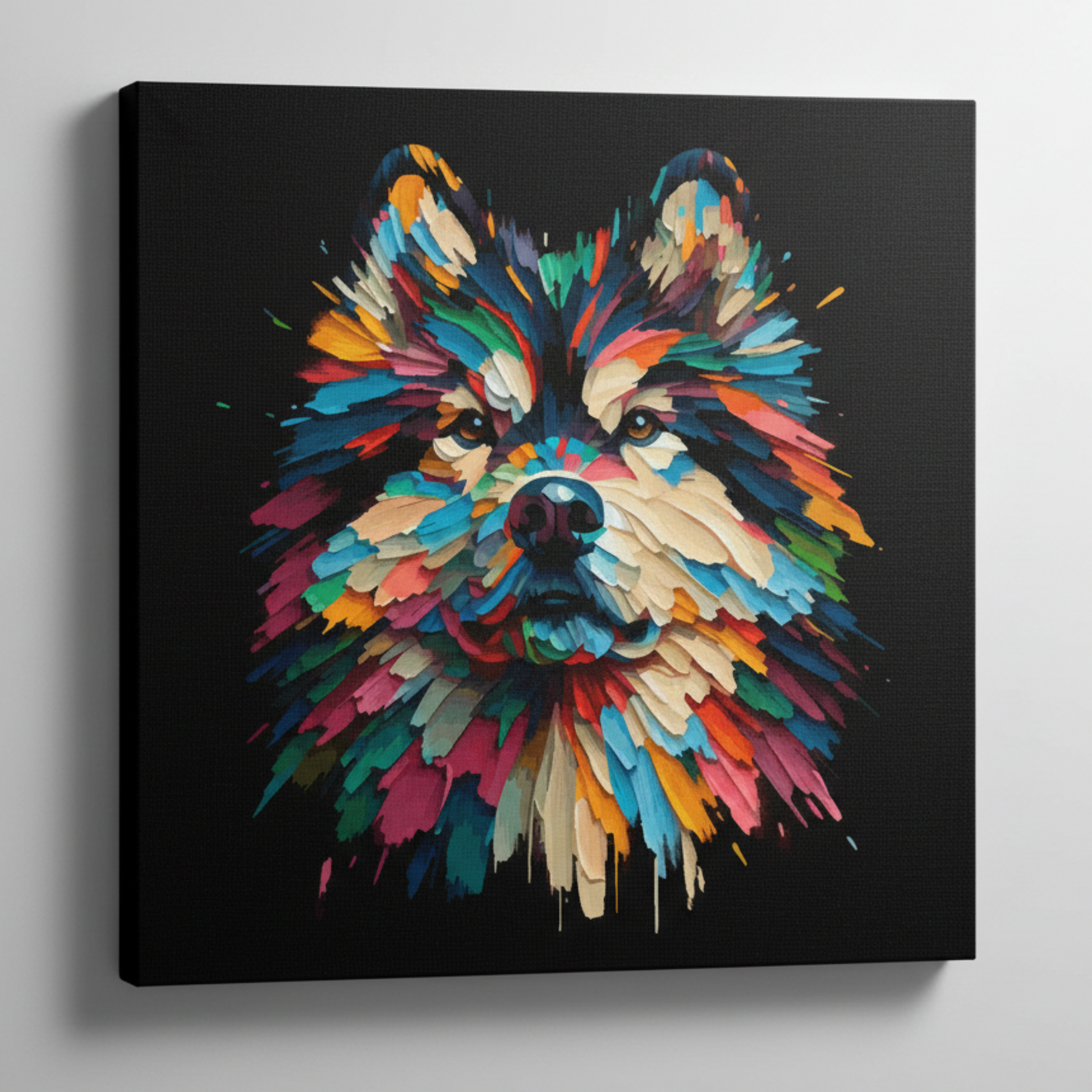 Colourful Northern Inuit dog portrait canvas print - UK made abstract pet wall art black background