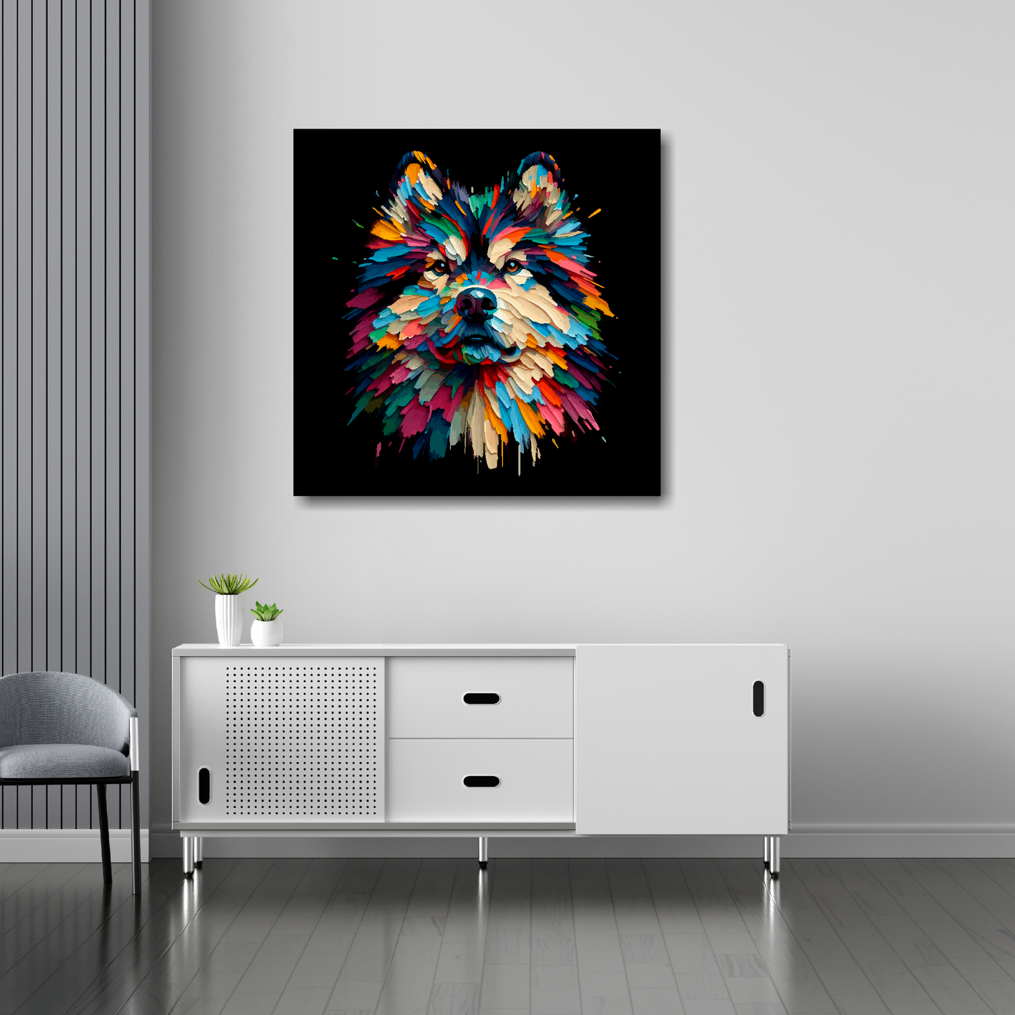 Northern Inuit canvas 30x30 inches above sideboard - large colourful dog portrait UK made