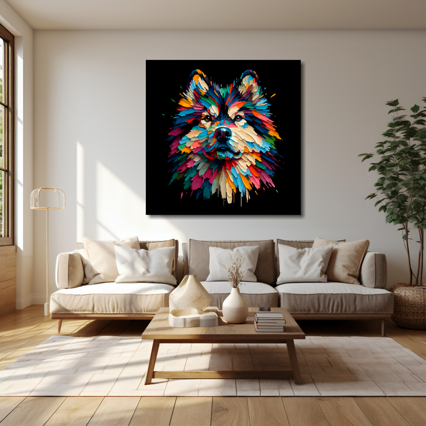 Northern Inuit canvas 40x40 inches above cream sofa - XL vibrant dog wall art UK