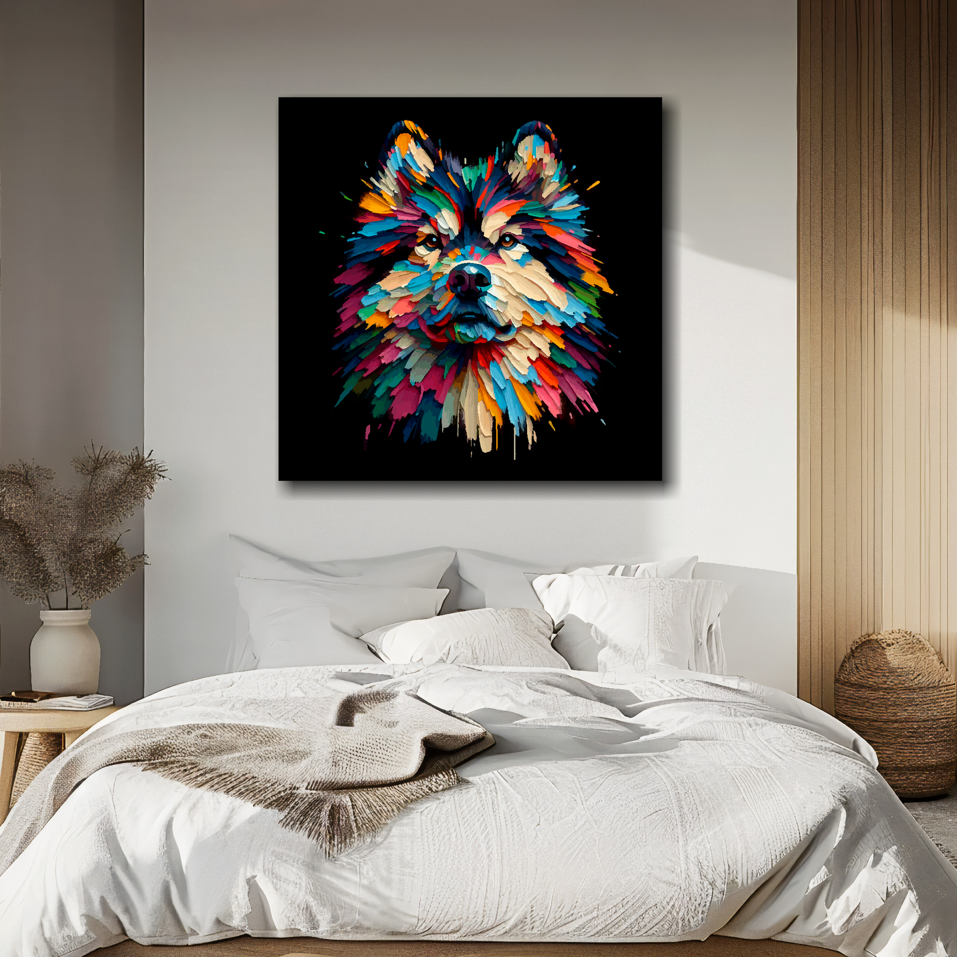 Northern Inuit portrait canvas above bed - colourful dog wall decor for UK bedrooms