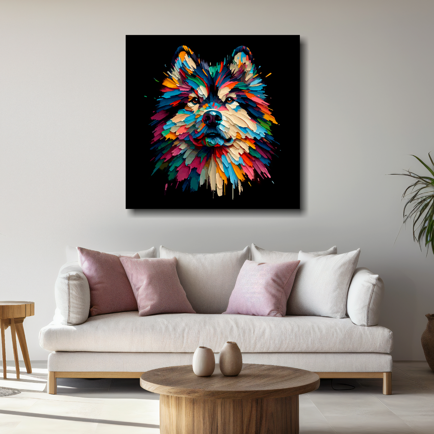 Large Northern Inuit canvas above white sofa - vibrant abstract dog portrait wall art UK