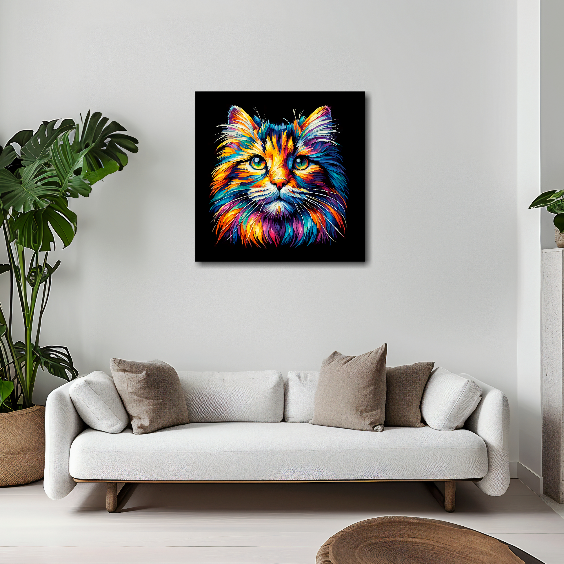 Norwegian Forest cat canvas 20x20 inches above white sofa - vibrant cat portrait wall art UK