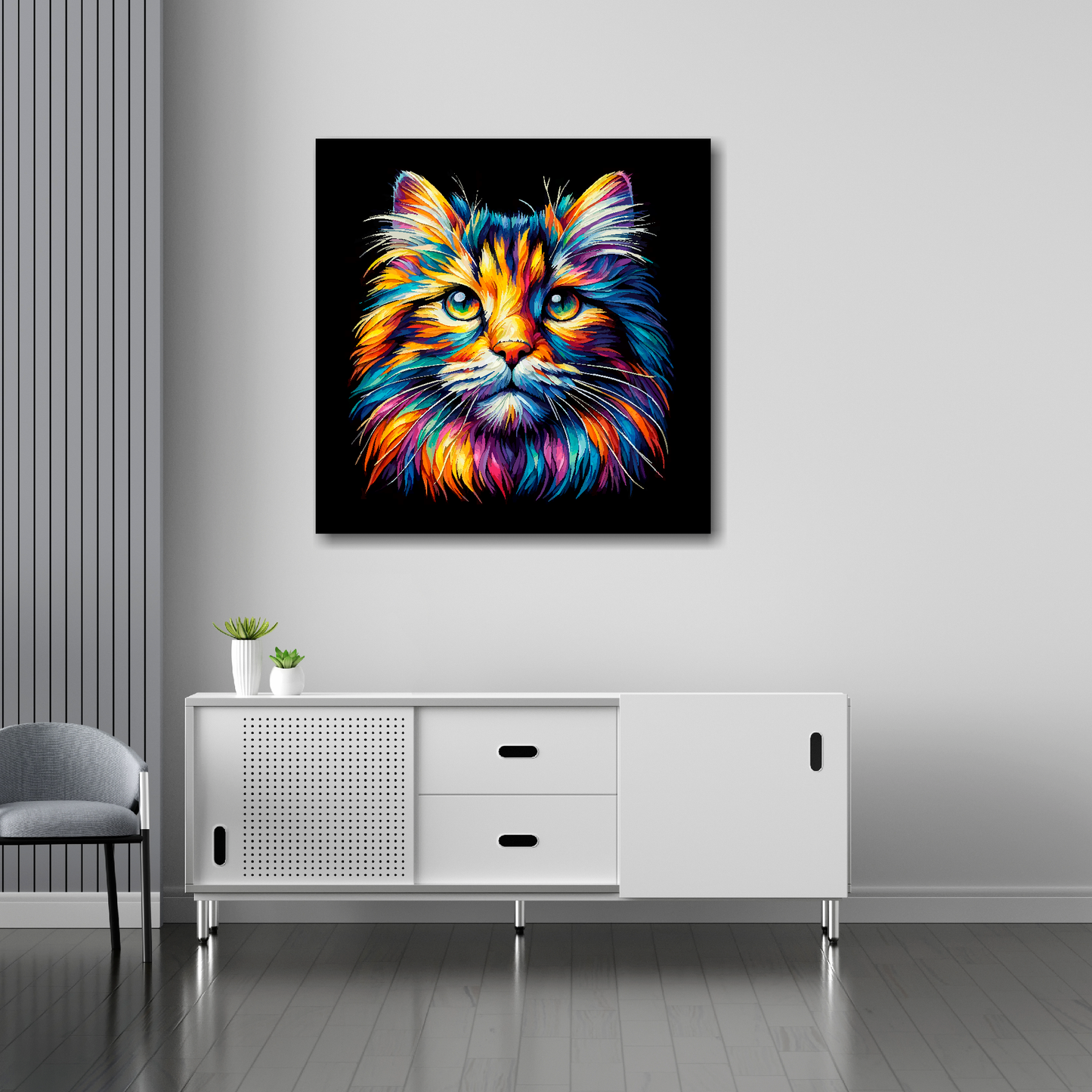 Norwegian Forest cat canvas 30x30 inches above sideboard - large colourful cat portrait UK made