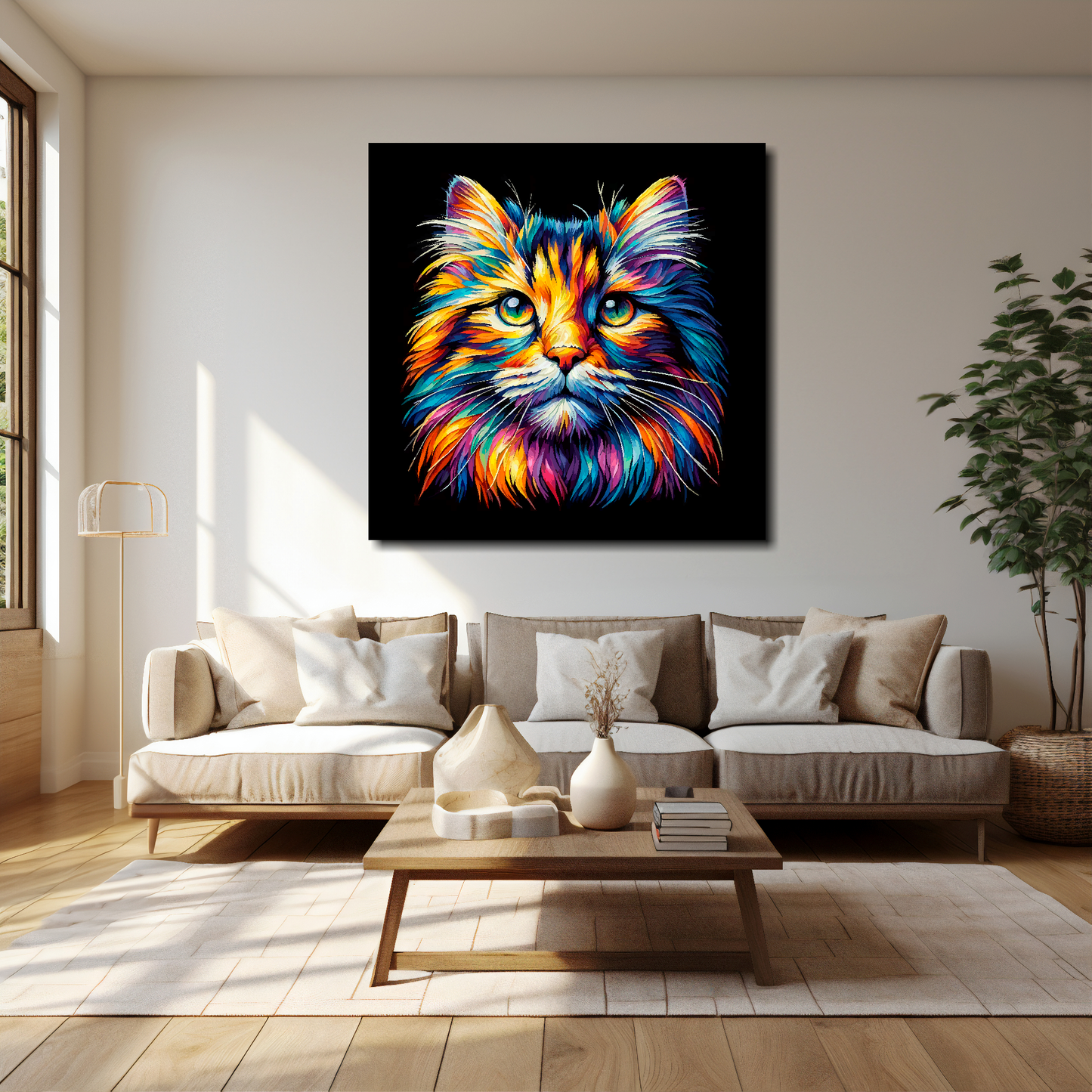 Norwegian Forest cat canvas 40x40 inches above cream sofa - XL vibrant cat wall art UK