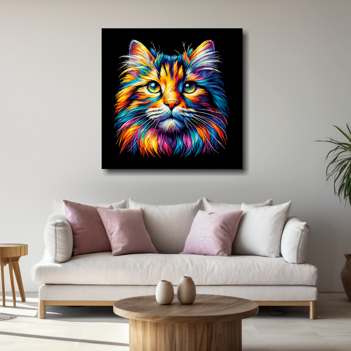 Large Norwegian Forest cat canvas above white sofa - vibrant abstract cat portrait wall art UK