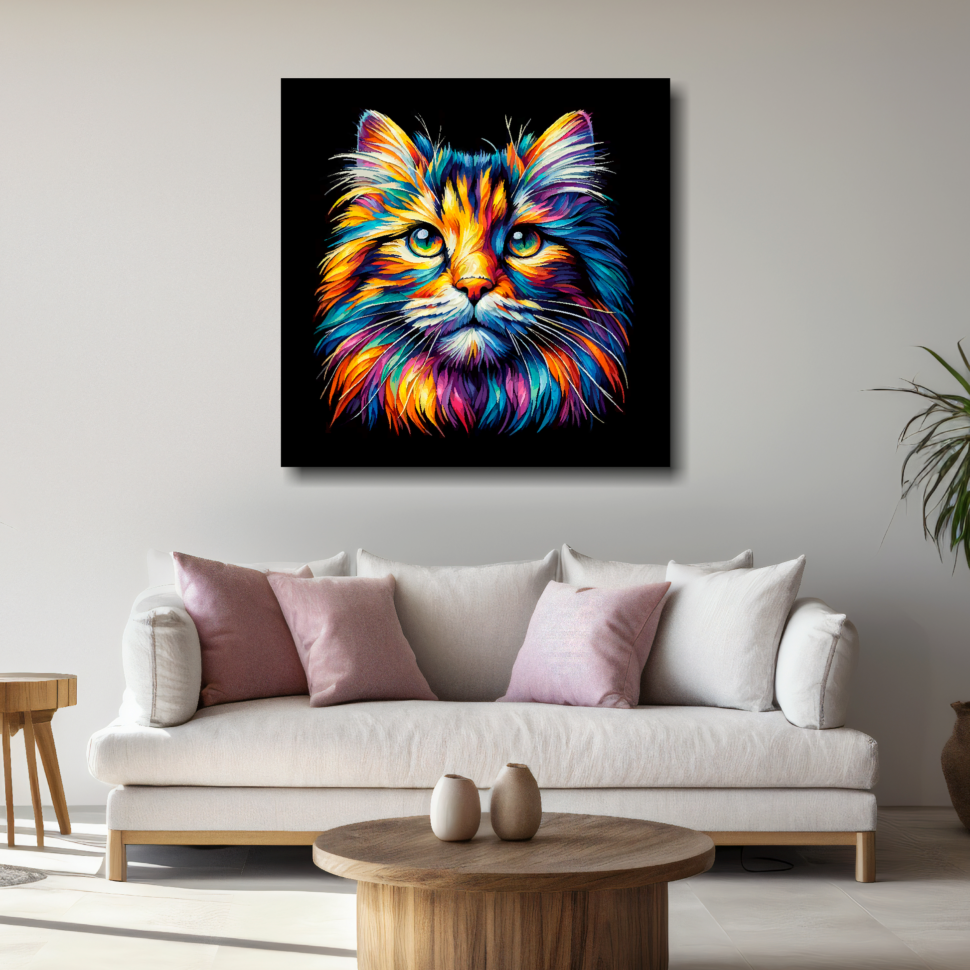 Large Norwegian Forest cat canvas above white sofa - vibrant abstract cat portrait wall art UK