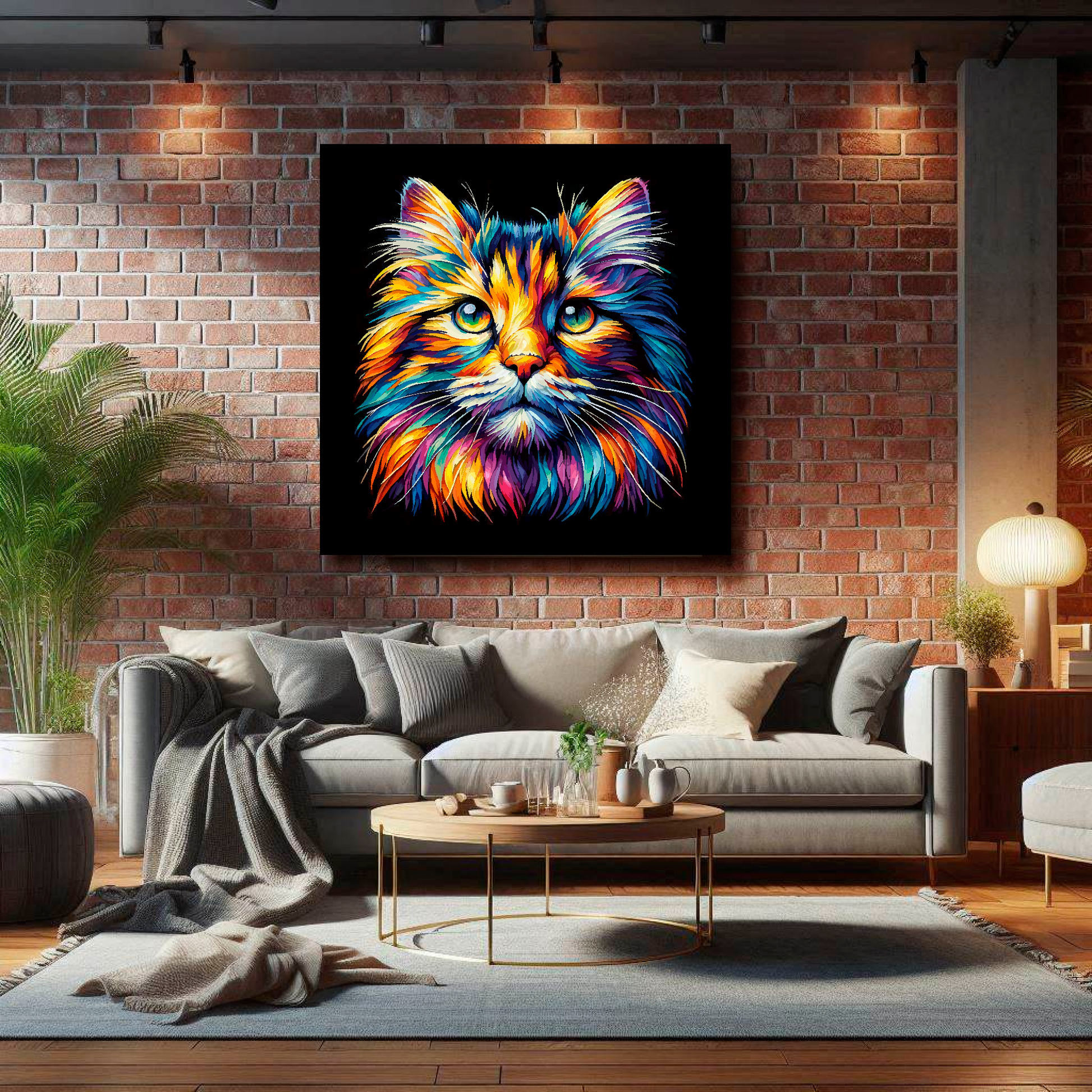 Large Norwegian Forest cat canvas on brick wall above grey sofa - bold cat portrait UK living room