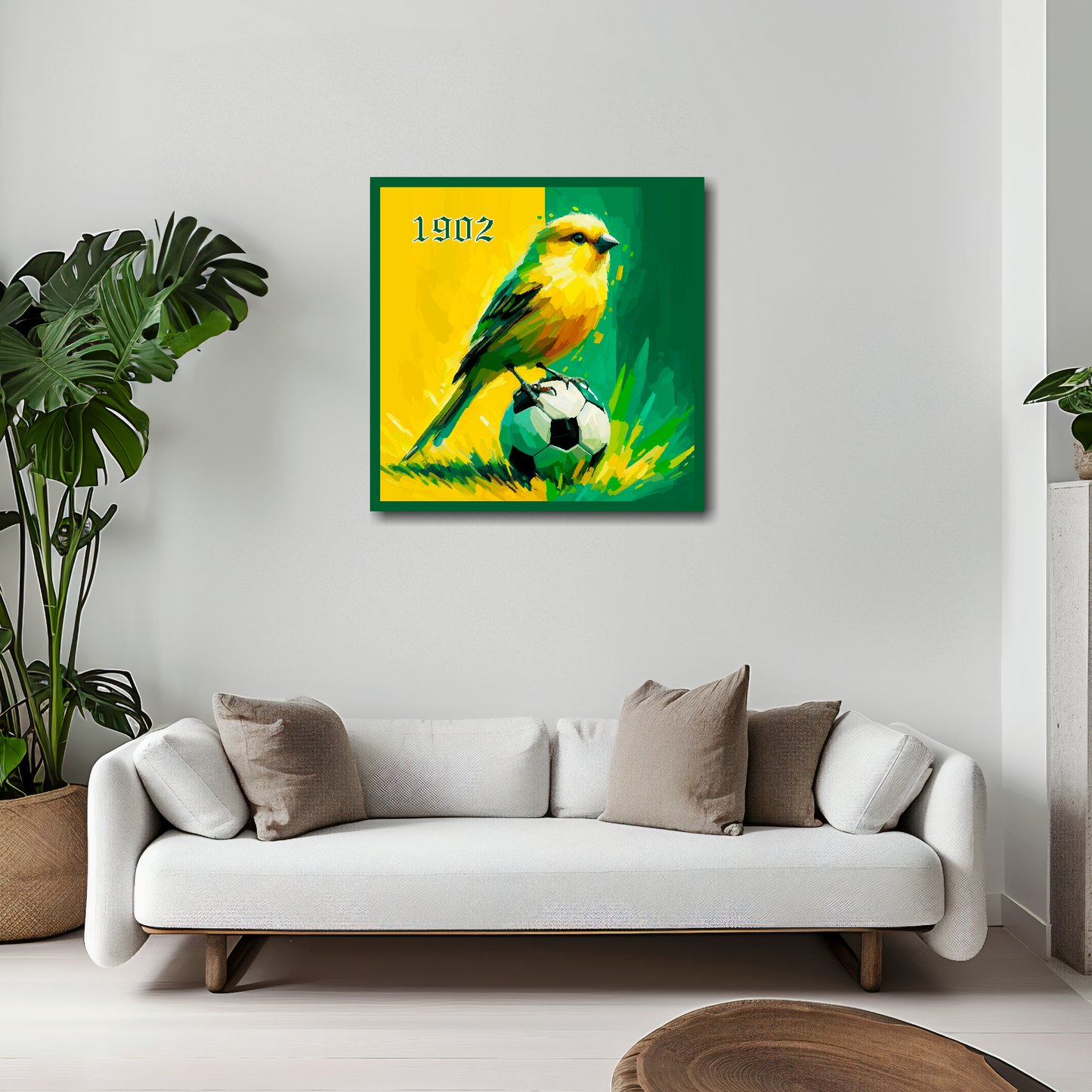Norwich City inspired canvas 20x20 inches above white sofa - vibrant UK football wall art

