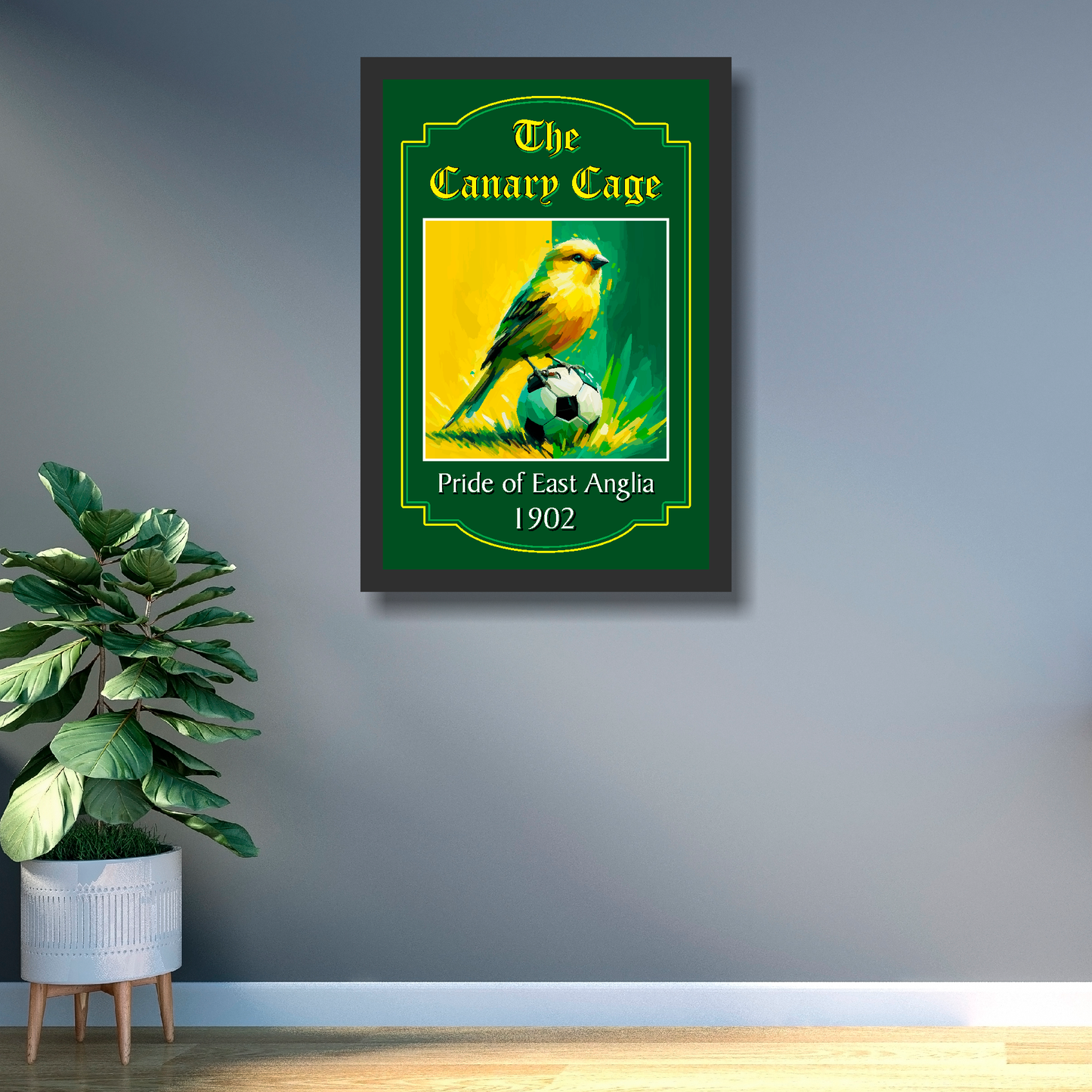 Norwich City FC framed art print 'The Canary Cage' text, with a canary sitting on a football