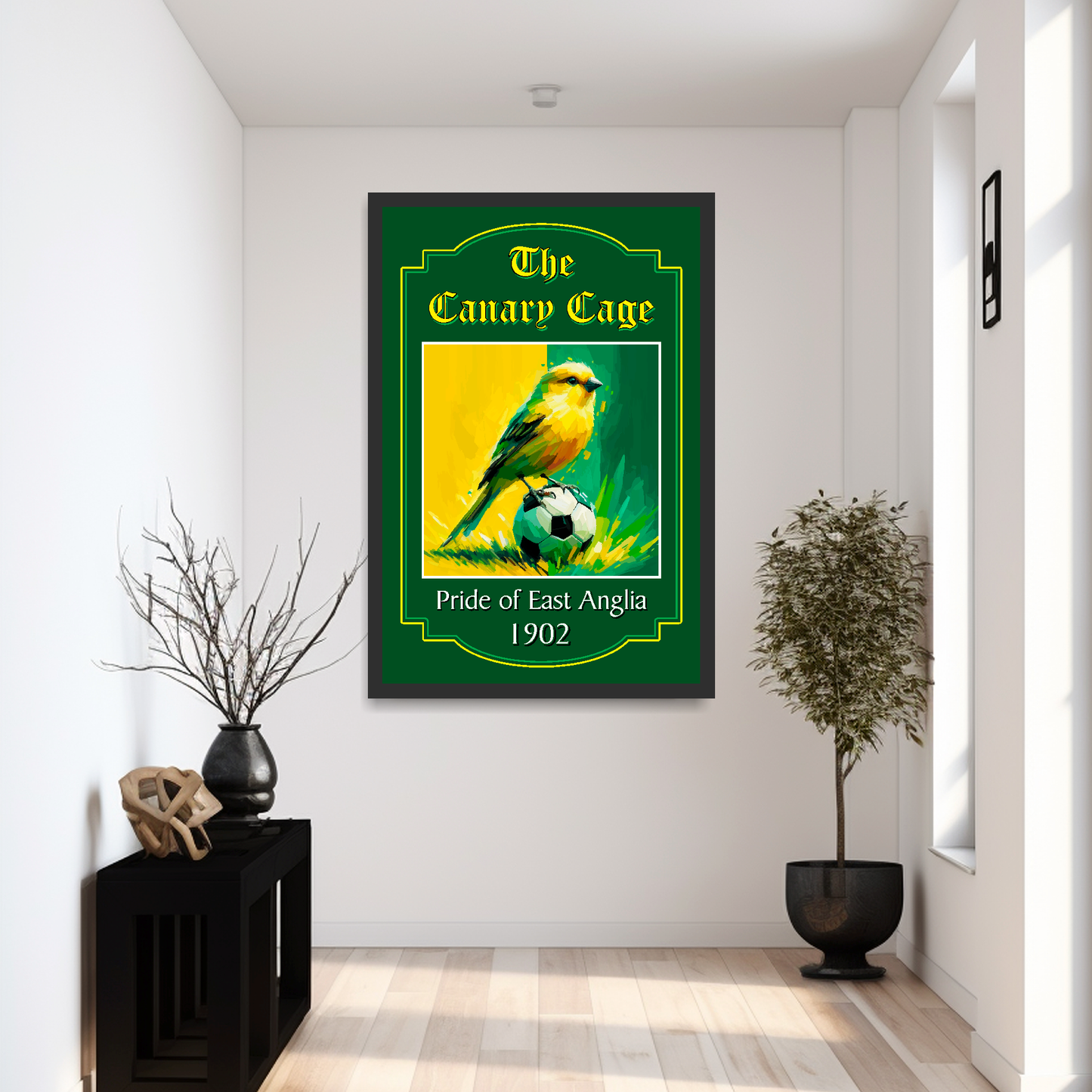 Large Norwich City FC art print, with a canary sitting on a football in yellow and green with a black frame