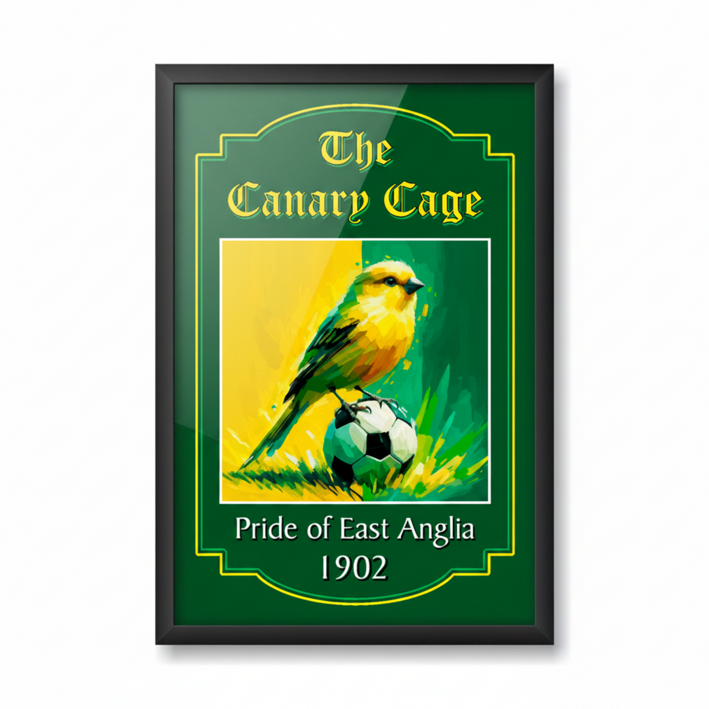 Norwich City FC art print 'The Canary Cage' text, with a canary sitting on a football in yellow and green