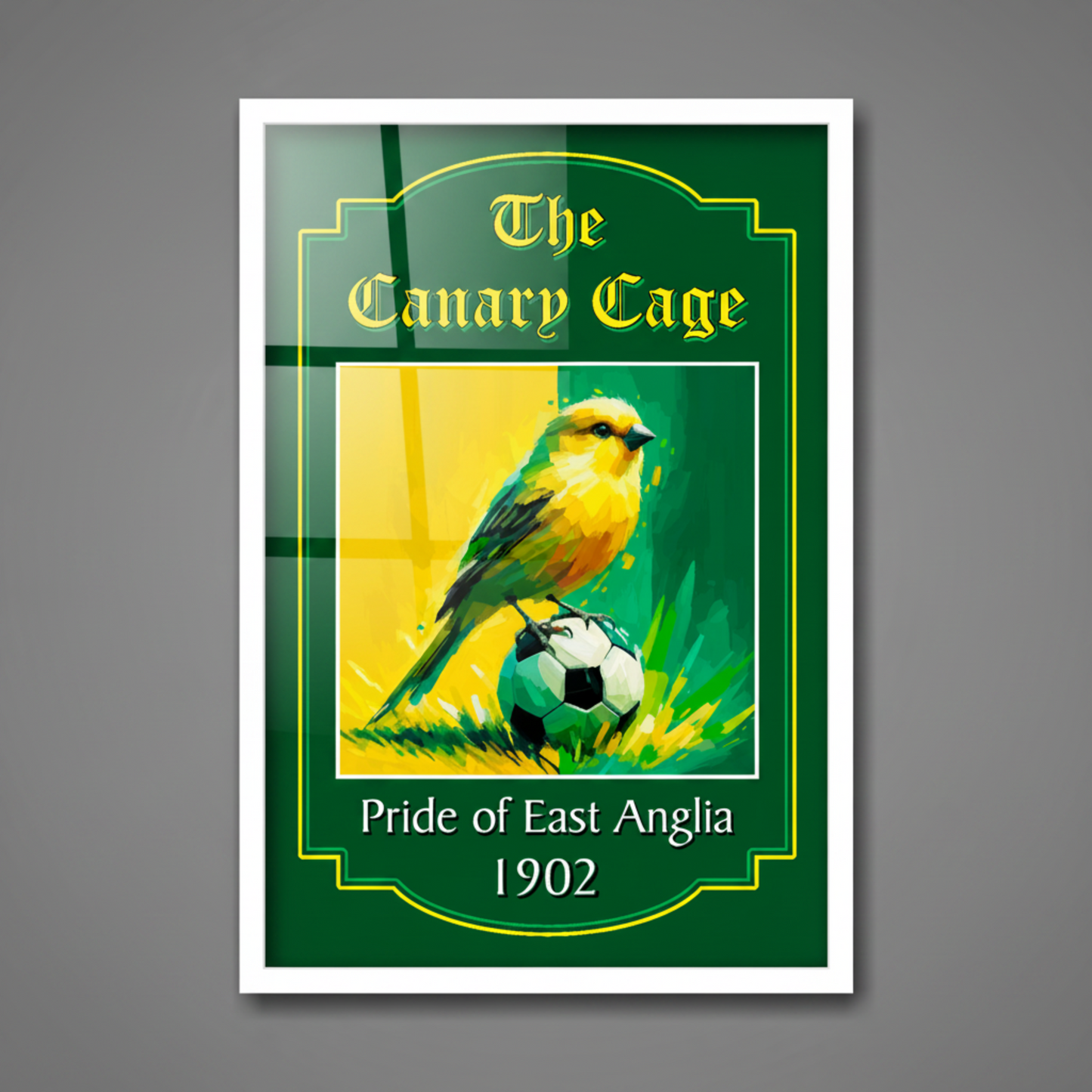 Framed Norwich City FC art print 'The Canary Cage' text, with a canary sitting on a football