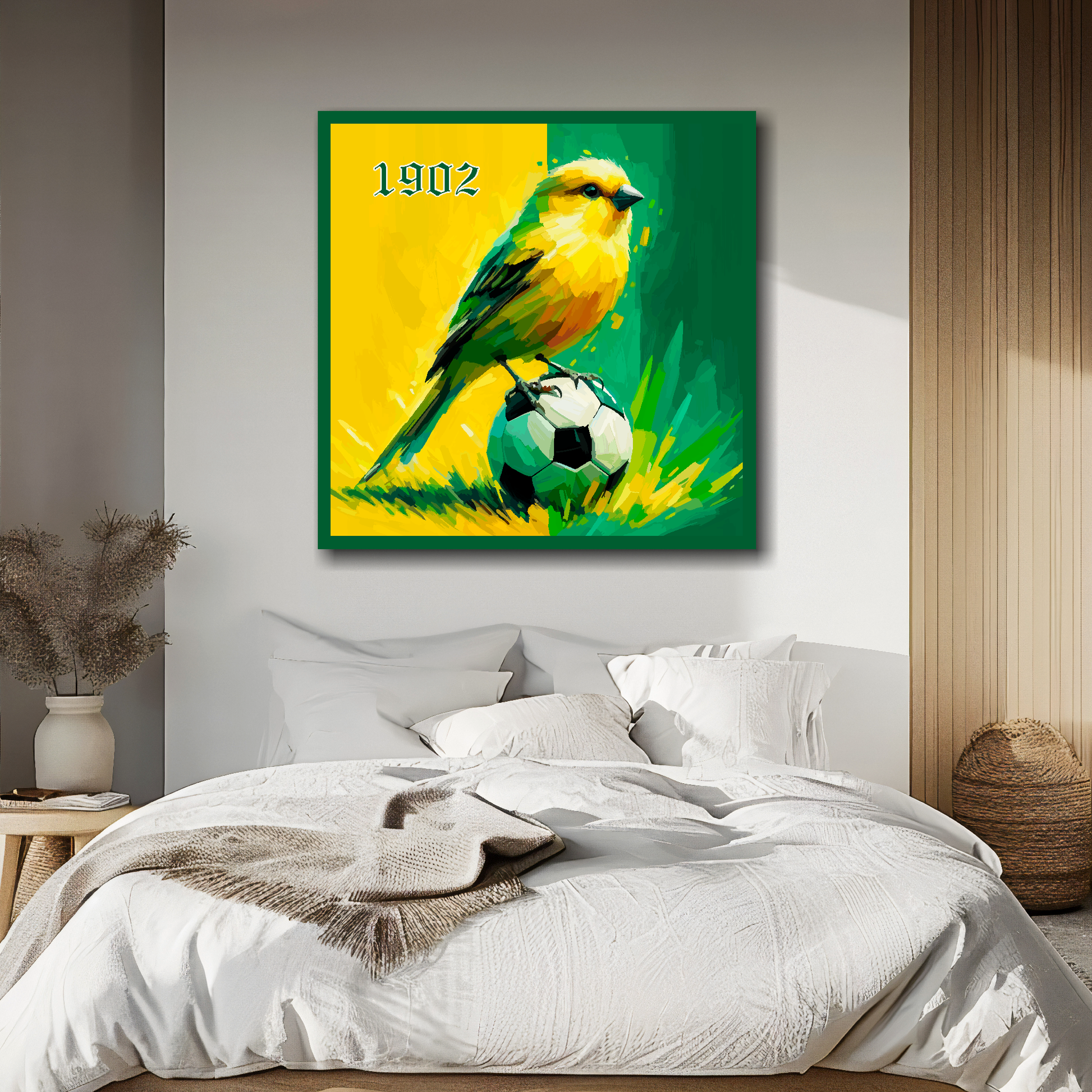 Norwich City inspired canvas above bed - colourful UK football wall decor for bedrooms