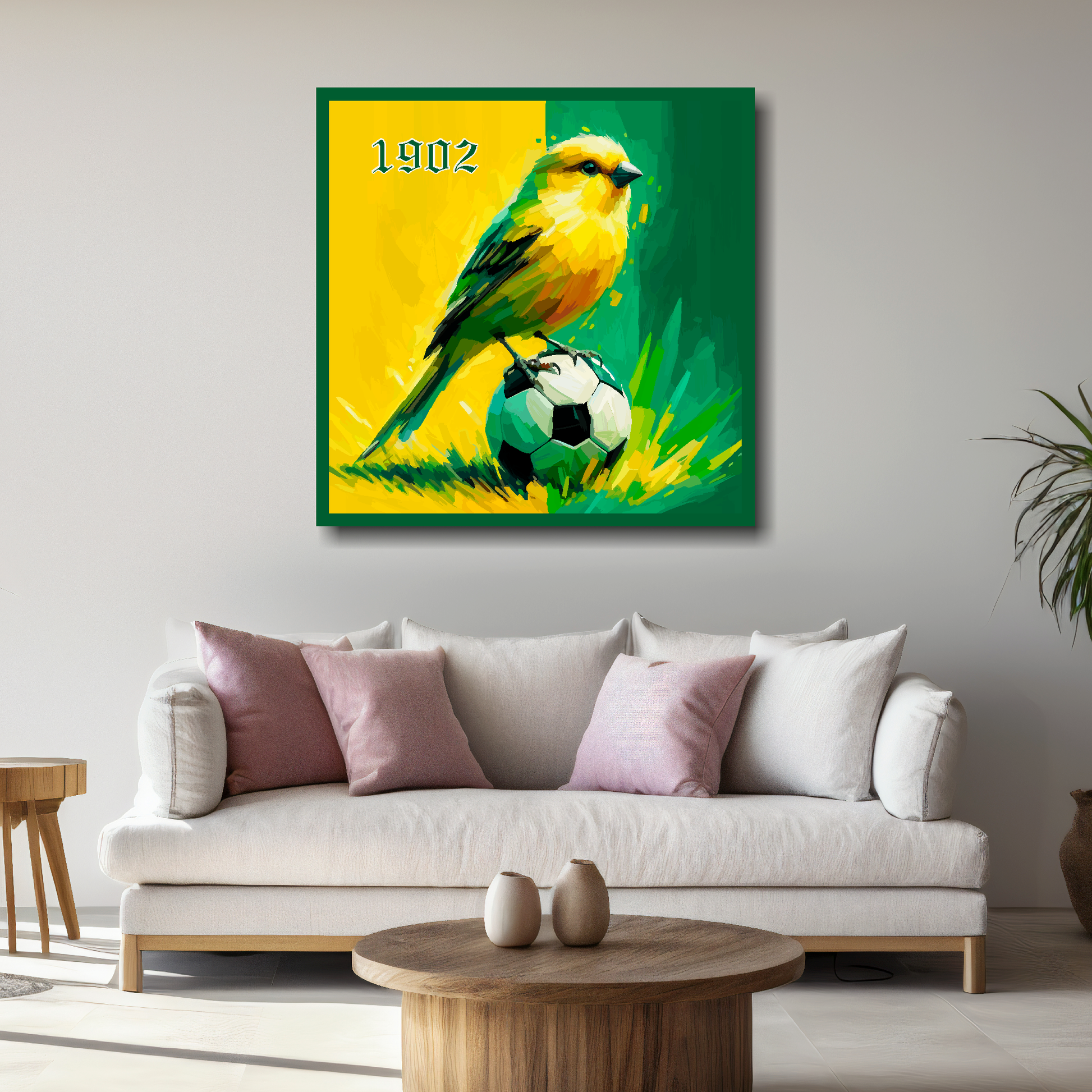 Large Norwich City inspired canvas above white sofa - vibrant abstract UK football wall art