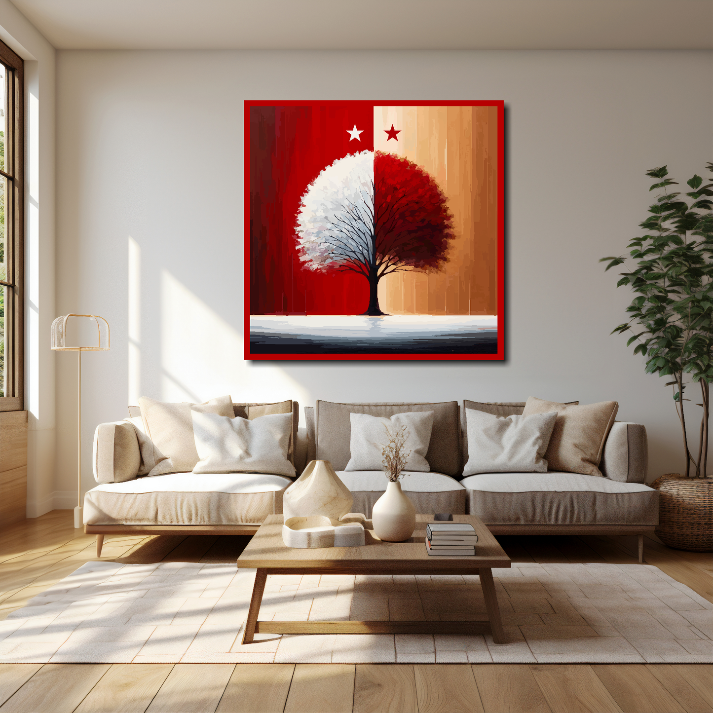 Nottingham Forest inspired canvas 40x40 inches above cream sofa - XL vibrant UK football wall art