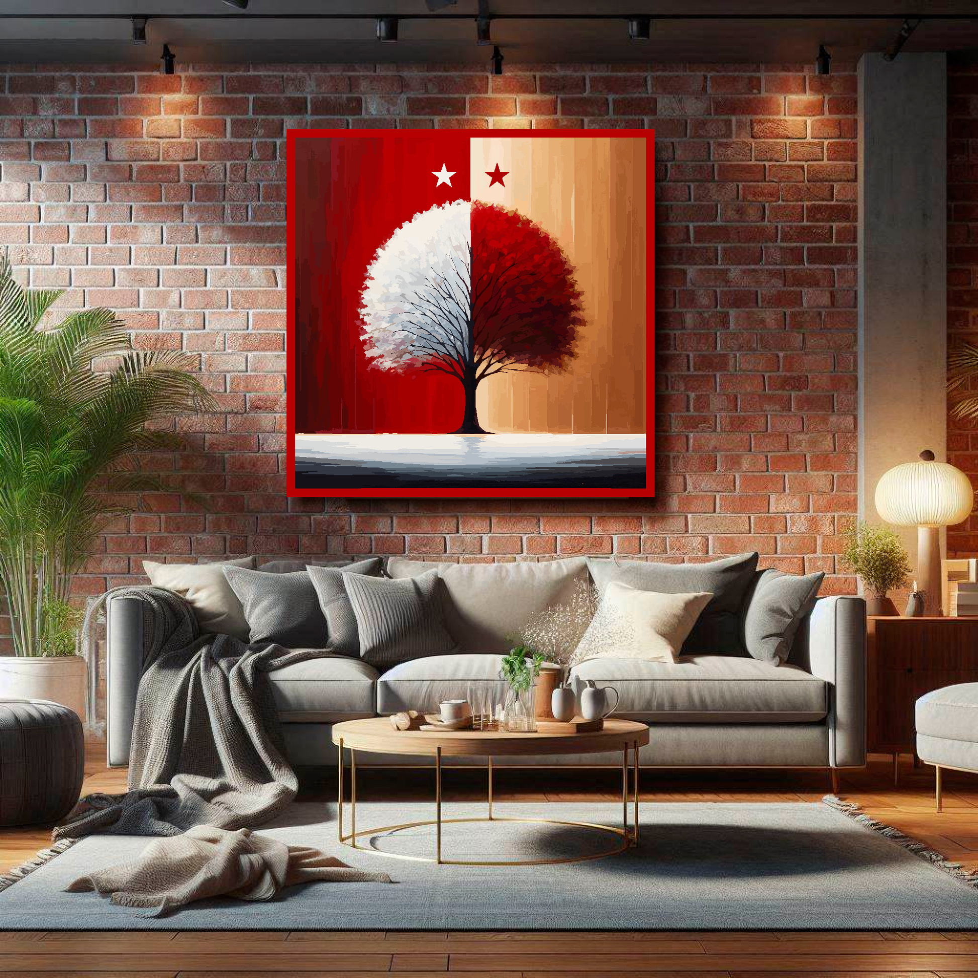 Large Nottingham Forest inspired canvas on brick wall above grey sofa - bold UK football art living room