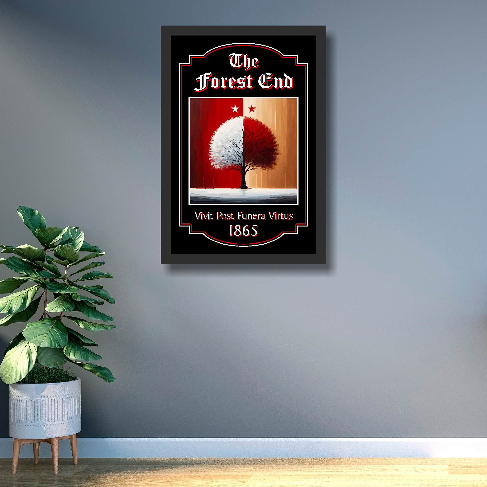 Nottingham Forest FC Pub Sign 'The Forest End' mounted in a large black frame on a office wall