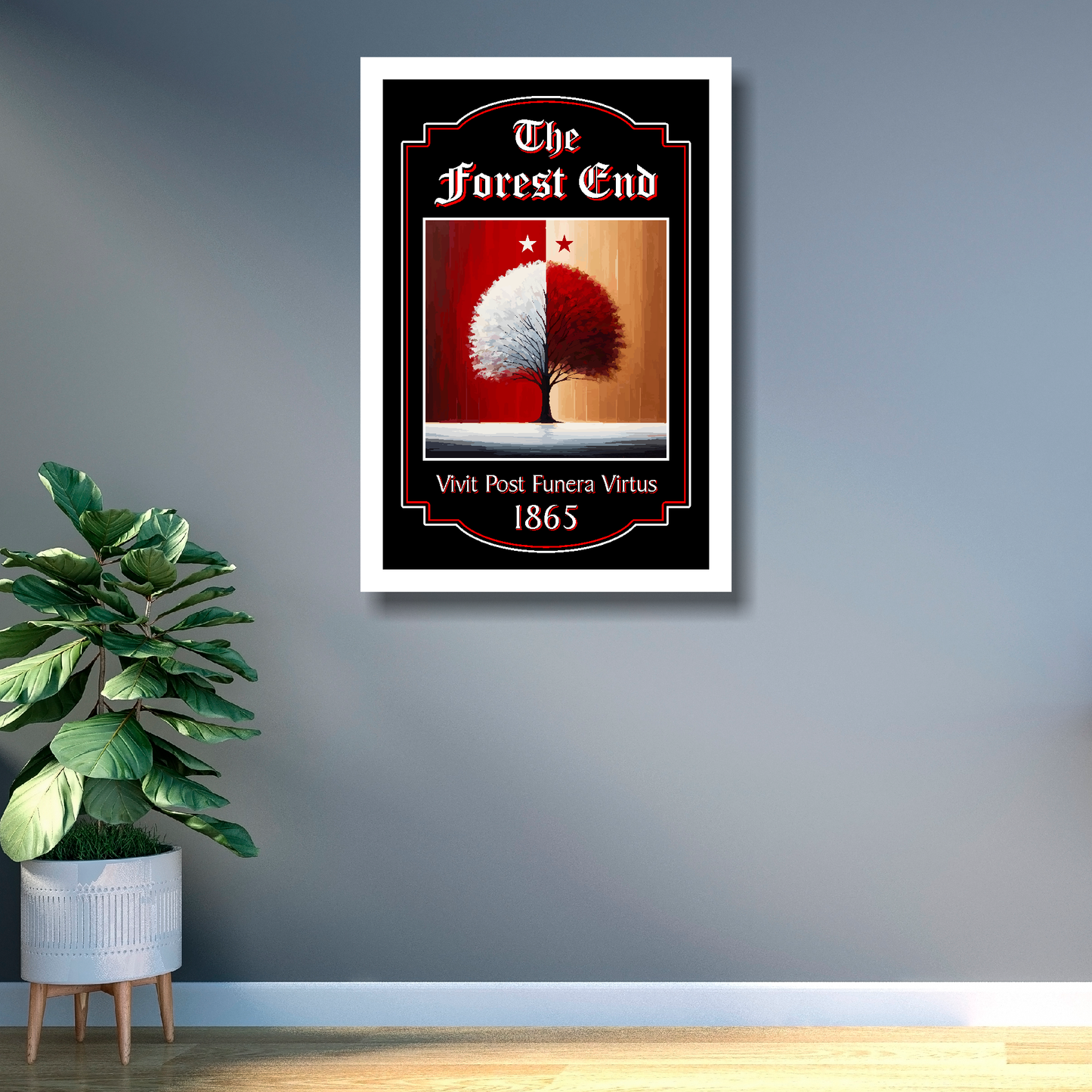 Nottingham Forest FC Pub Sign 'The Forest End' mounted in a large white frame on a office wall