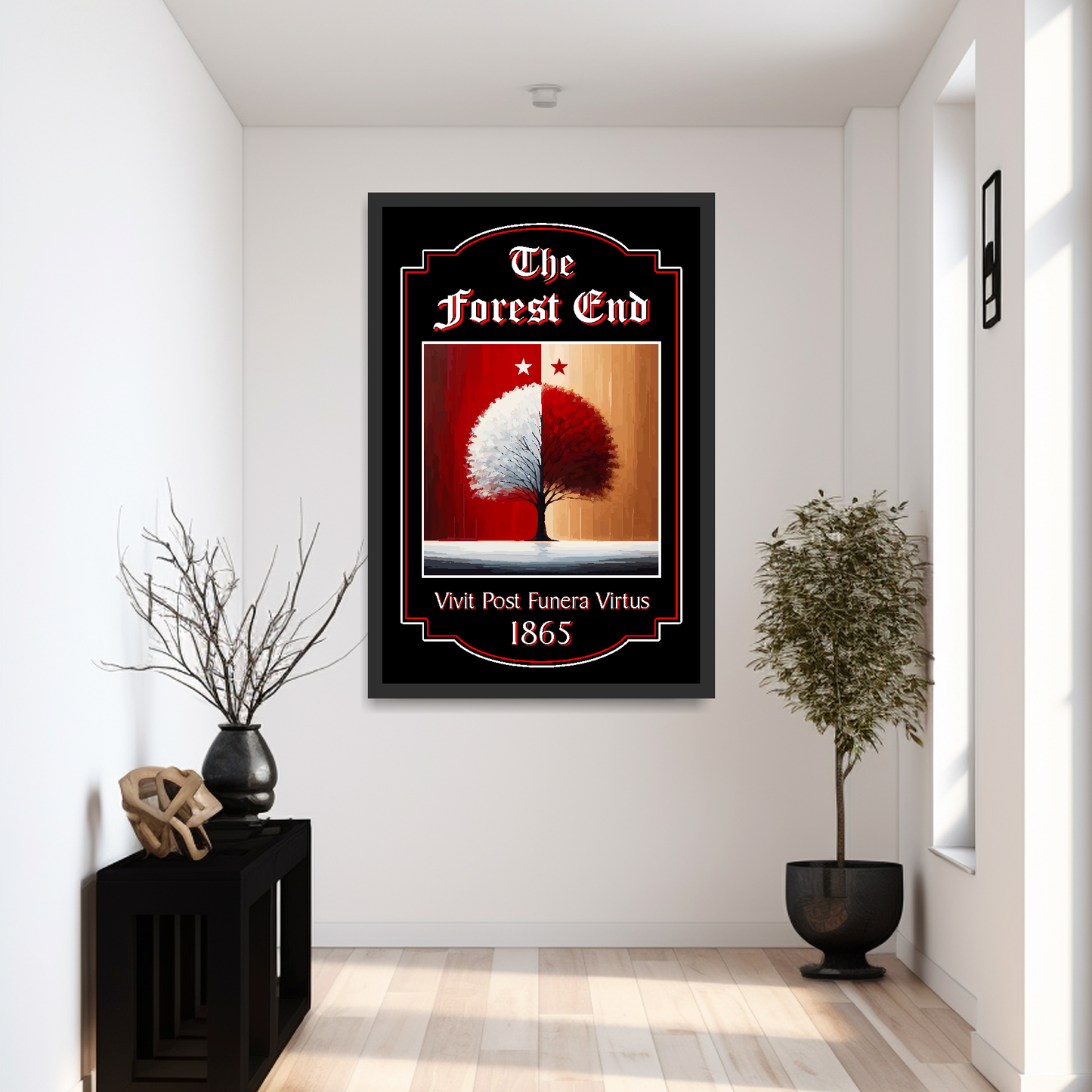 Nottingham Forest FC Pub Sign 'The Forest End' mounted in a extra large black frame on a reception wall